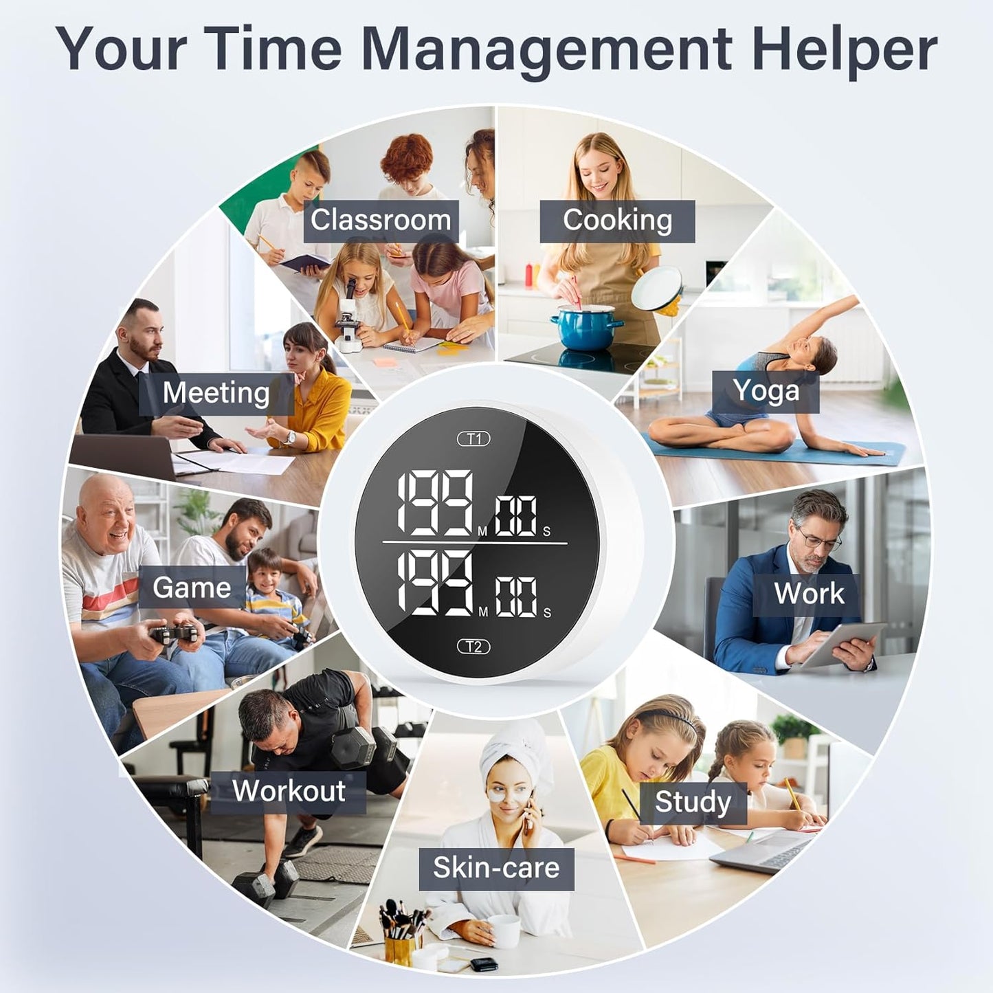 Dual Digital Kitchen Timer for Cooking, 199 Minutes Countdown & Stopwatch, Timer for Fridge, Big Digits, High-Definition Display, Easy Rotary Adjustment, 3 Volumes, 2 Brightness Levels, White