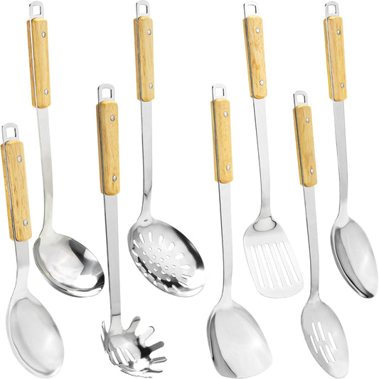 FJNATINH Cooking Utensils - Spatula and ladle Set with Wood Handle, 8 Pieces Wok Utensils Tools - Wok Accessories Cookware Set