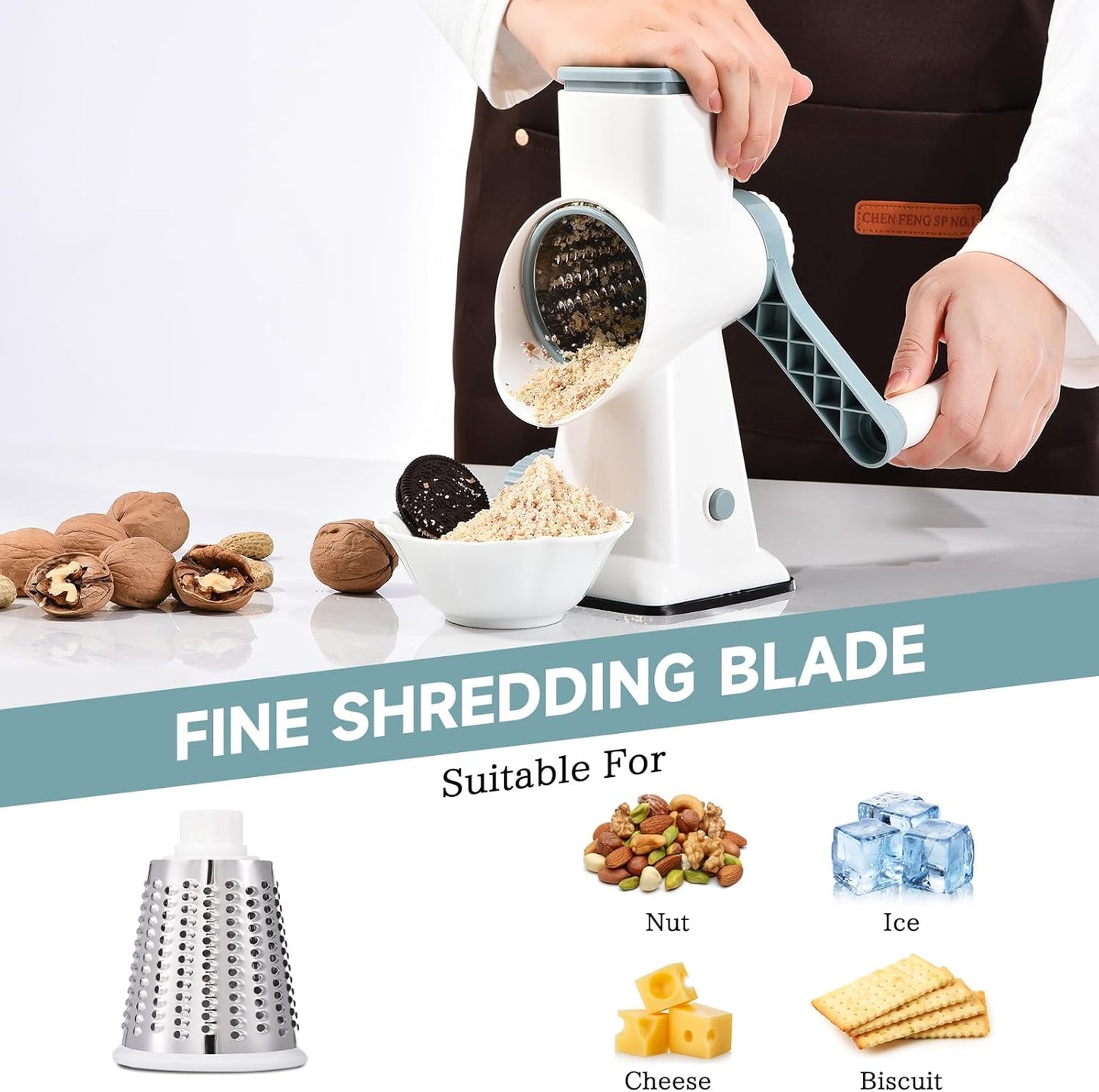 Rotary Cheese Grater Hand Crank Cheese Shredder Vegetable Mandoline Slicer for Kitchen 3 in 1 Changeable Blades for Cheese Potato Nuts Chocolate Ice (WhiteBlue)