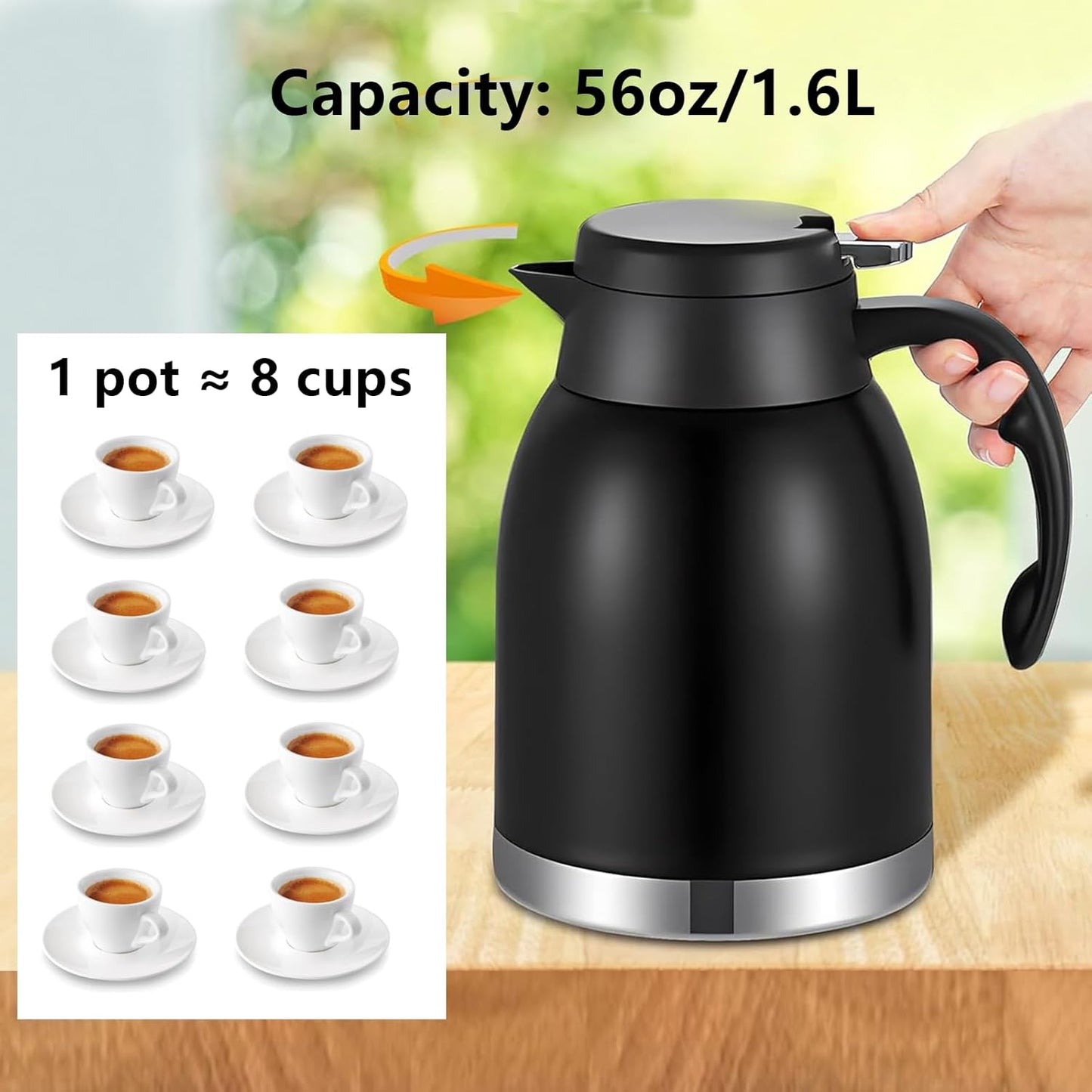 54oz Thermal Coffee Carafe Dispenser, Stainless Steel Double Wall Unbreakable Vacuum Flask 1.6L Water Tea Pot Pitcher for Hot Christmas Carafe Coffee for Home Gifts(Matte Black)