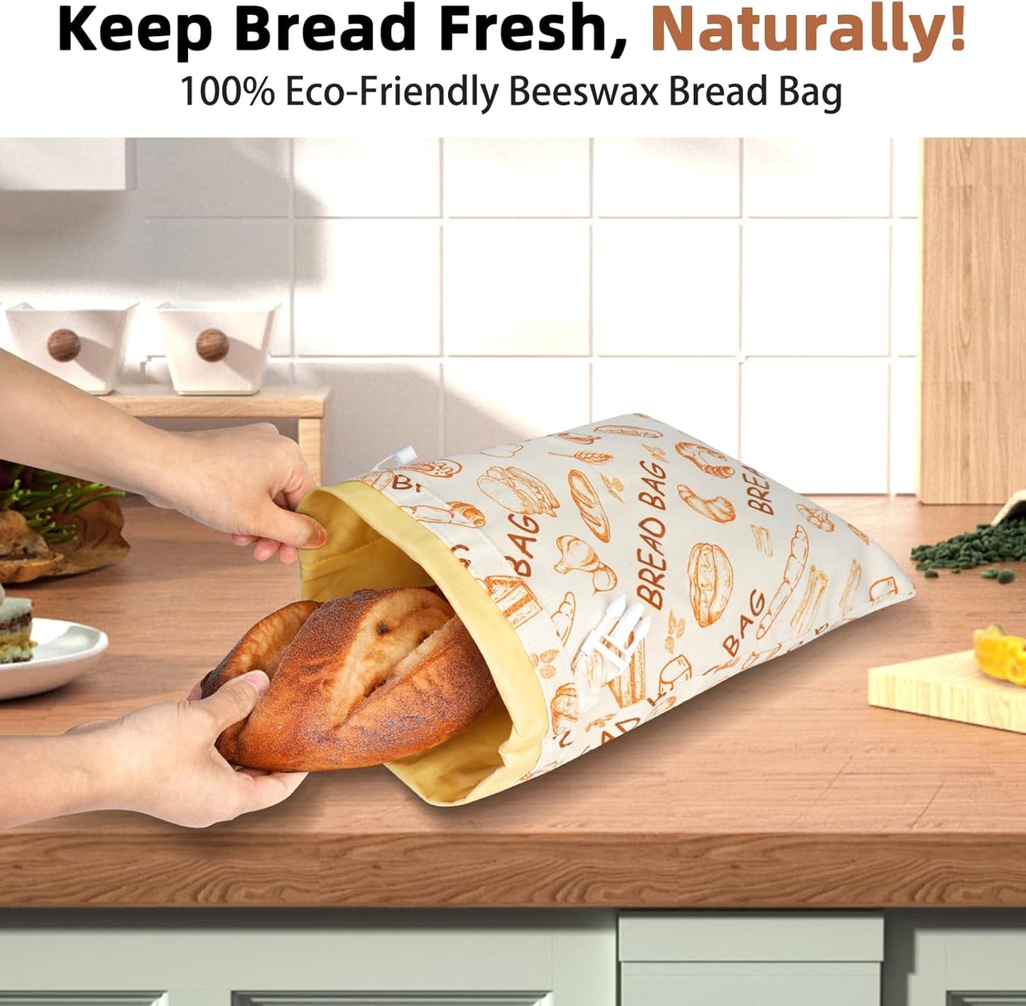 2 Pack Beeswax Bread Bags - Large Reusable Cotton Linen Food Storage Covers for Sourdough & Homemade Bread, Waxed Bags Keep Bread Fresh, Proofing Bag Freezer-Safe, Easy Clean