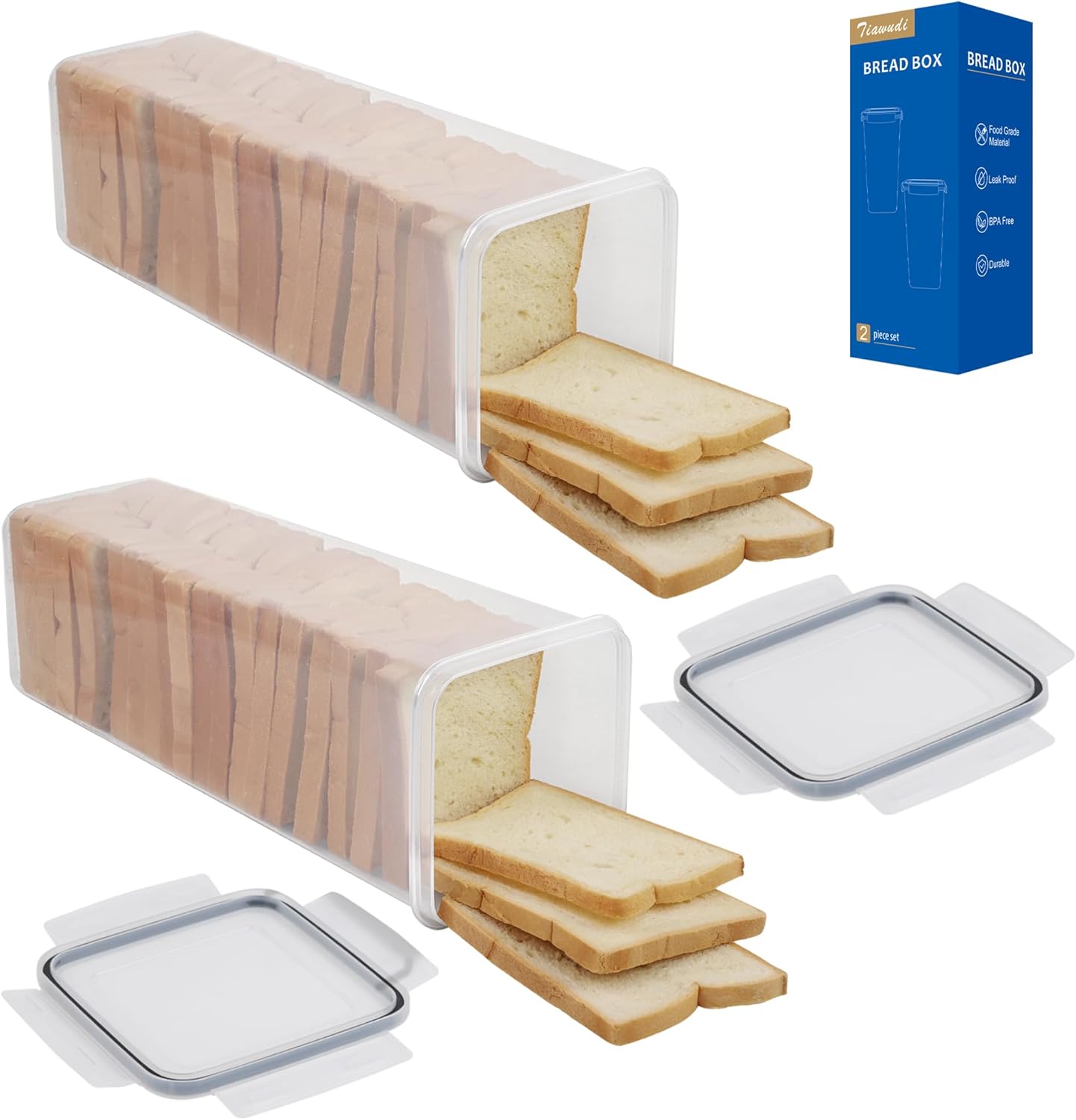 Tiawudi 2 Pack Bread Box, Plastic Bread Container, Bread Storage for Kitchen Counter, Bread Keeper with Airtight Lid, Tall Bread Saver, Sandwich Bread Holder, 5.6 Qt / 5.3L Each