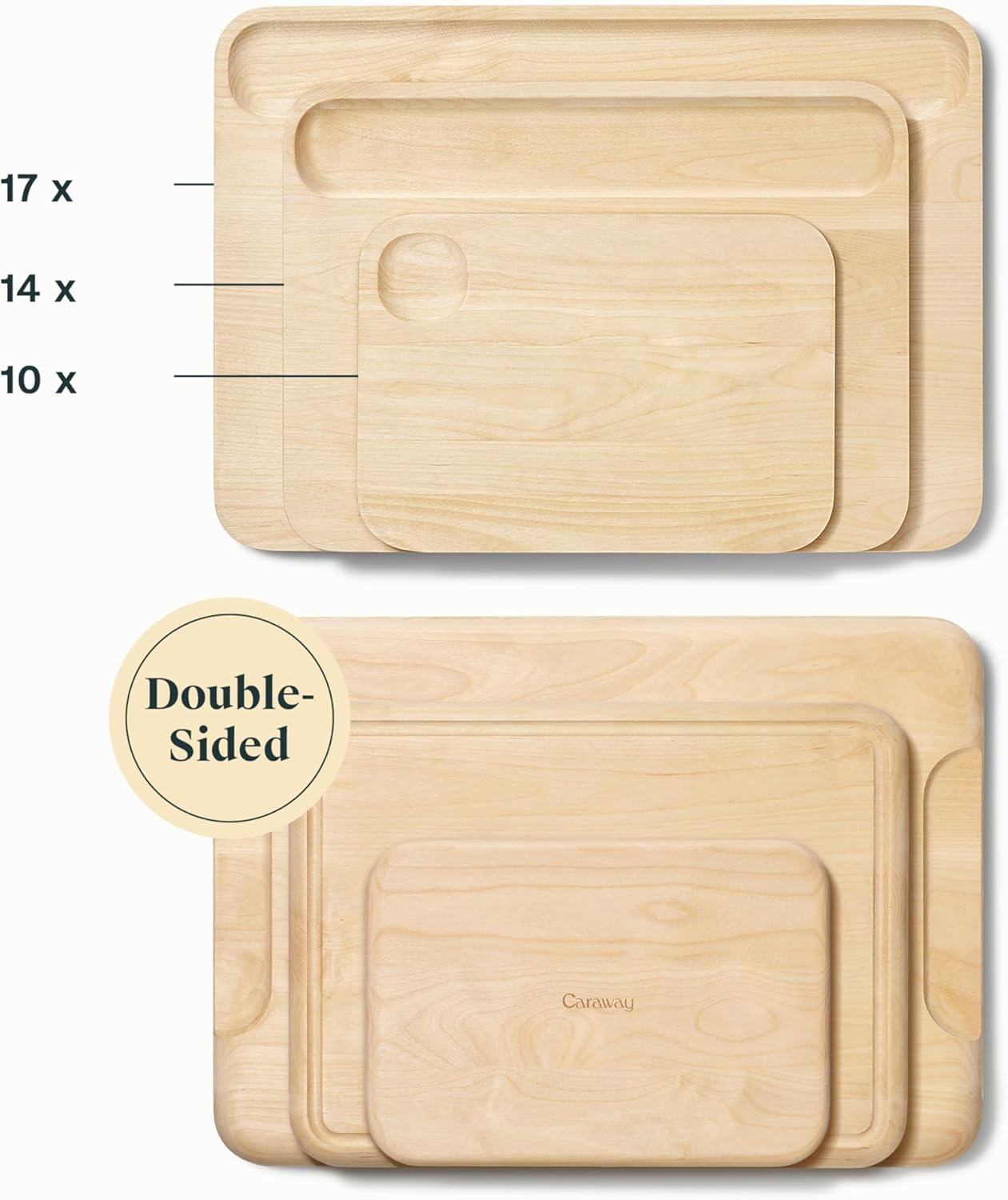 Caraway 4-Piece Double Sided Wood Cutting Board Set - Made From FSC-Certified Birch Wood - Mineral Oil & Wax Finish - 3 Sizes - Small, Medium, & Large - Storage Organizers Included