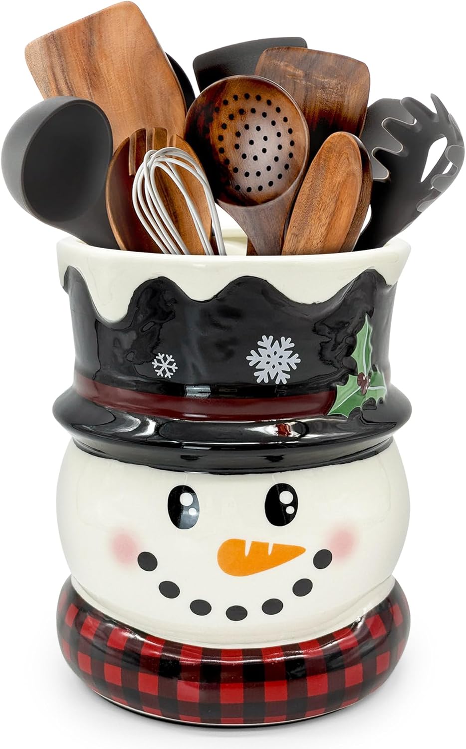 pinata Christmas Kitchen Decor Ceramic Snowman Utensil Holder, Cute Christmas Utensils Holder, Xmas Ceramic Utensils Crock for Rustic Farmhouse Indoor Kitchen Decorations(6.3 Inches)