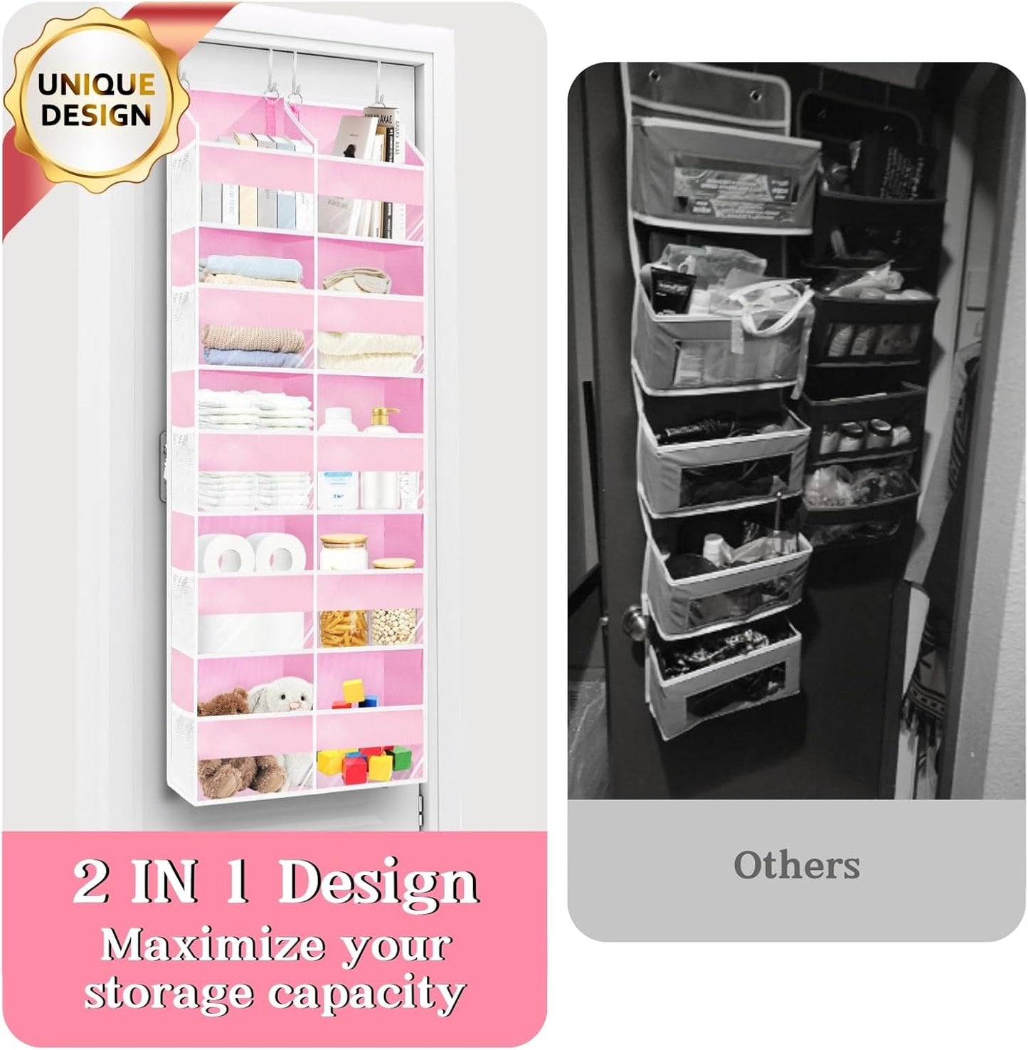 Pink Over The Door Organizer 5 Tiers, Extra Large Behind Door Storage of 10 Compartments, 50 lbs Weight Capacity Over The Door Storage for Closet, Diaper Organizer