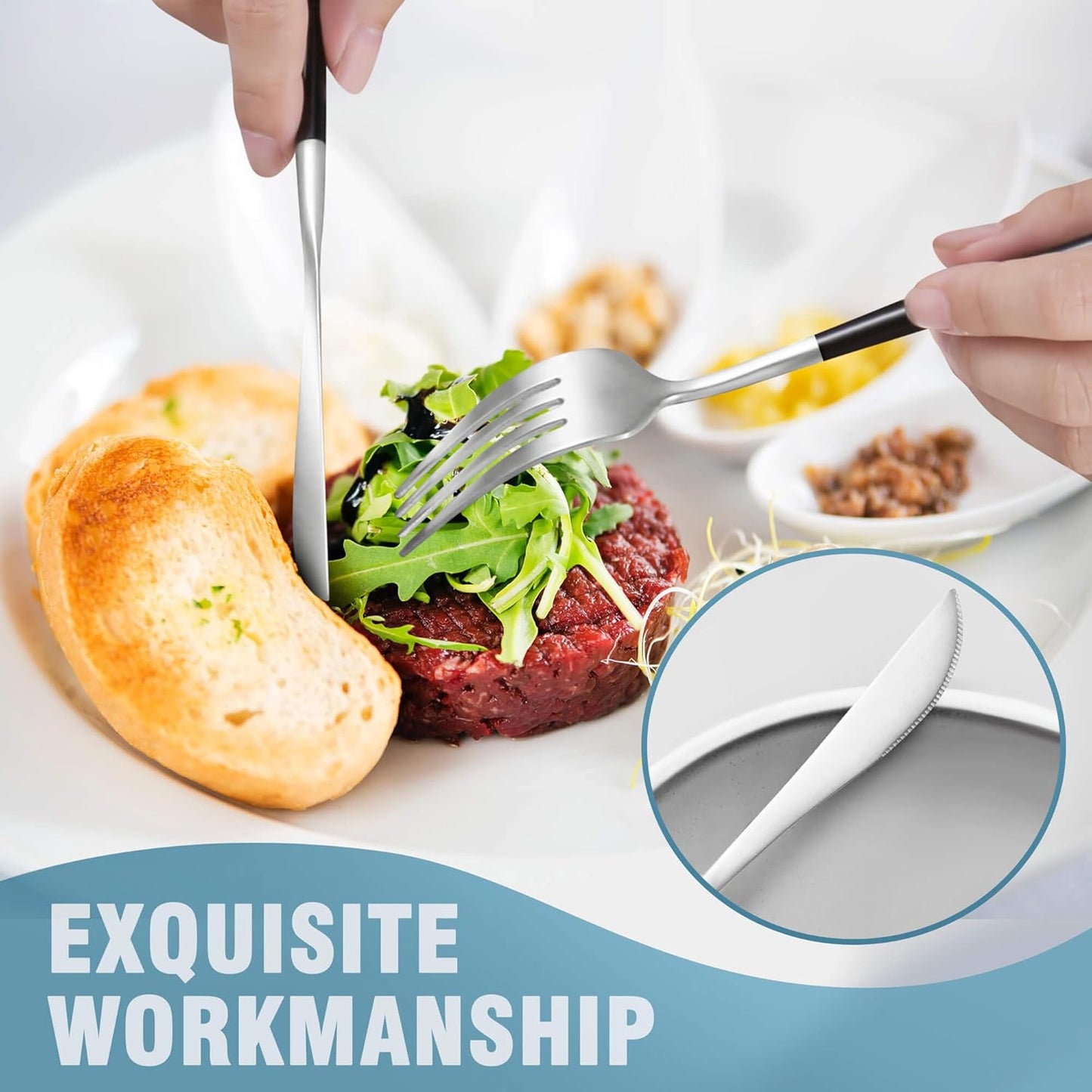 Matte Black Silver Silverware Set for 4,Modern Stainless Steel Brushed Cutlery Set,20-Pieces Heavy Duty Flatware Set,Knives Spoons and Forks Set Utensils Set, Satin Finish, Dishwasher Safe