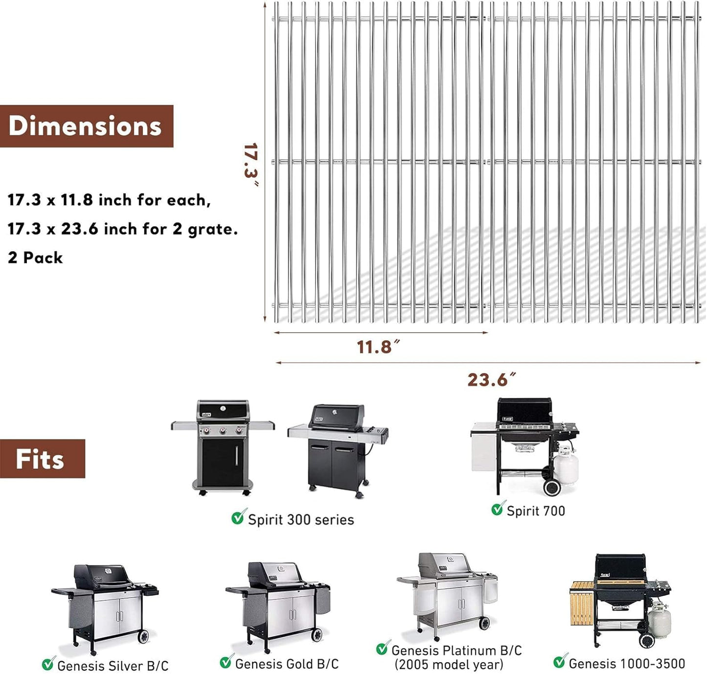 Grill Grates for Weber Spirit 300 & Spirit II GS4 300 Series, Stainless Steel Grates Replacement for Weber Spirit 310 E310 Grill Parts 7639 Spirit 700 Genesis Silver/Gold/Platinum B & C, 1000-3500