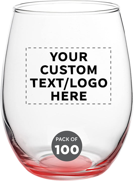 Custom Stemless Wine Glasses in Bulk by ARC Perfection, 15 oz, 100 pack, Personalized Text, Logo, Red or White Wine Glass Set, Red