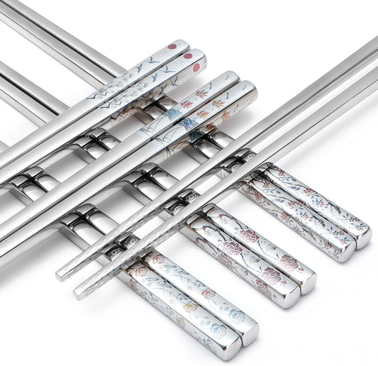 Stainless Steel Chopsticks, Titanium Plated Metal Chopsticks, 9.8" Premium Japanese Korean Color Laser Engraved Cooking Chop Sticks, Dishwasher Safe, Reusable, Anti-slip, Anti-scald, 5 Pairs Gift Set