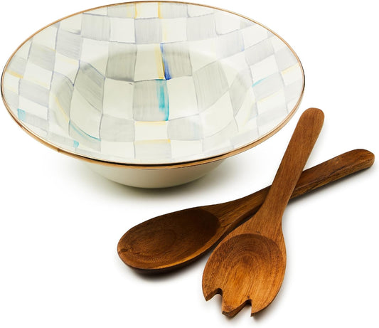 MACKENZIE-CHILDS Enamel Salad Serving Set, Enamel Bowl and Wooden Salad Servers, Decorative Kitchen Set, Gray-and-White Sterling Check
