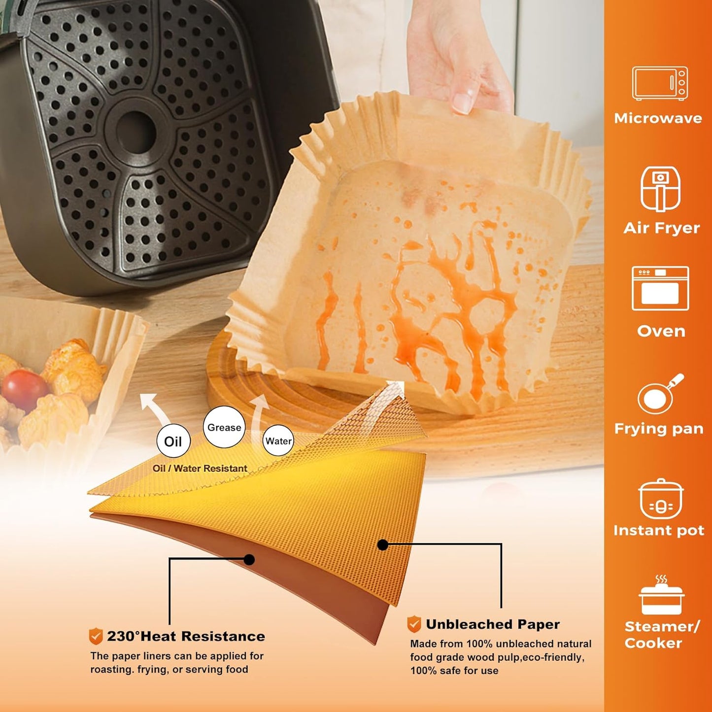 Vailnd Air Fryer Liners Disposable, 100Pcs 9 Inch Max Xl Large Cooker Airfryer Paper Liners, Oil Proof Parchment Sheets Square Basket Baking Liner for 8/10/11/12 QT Air Fryer Microwave