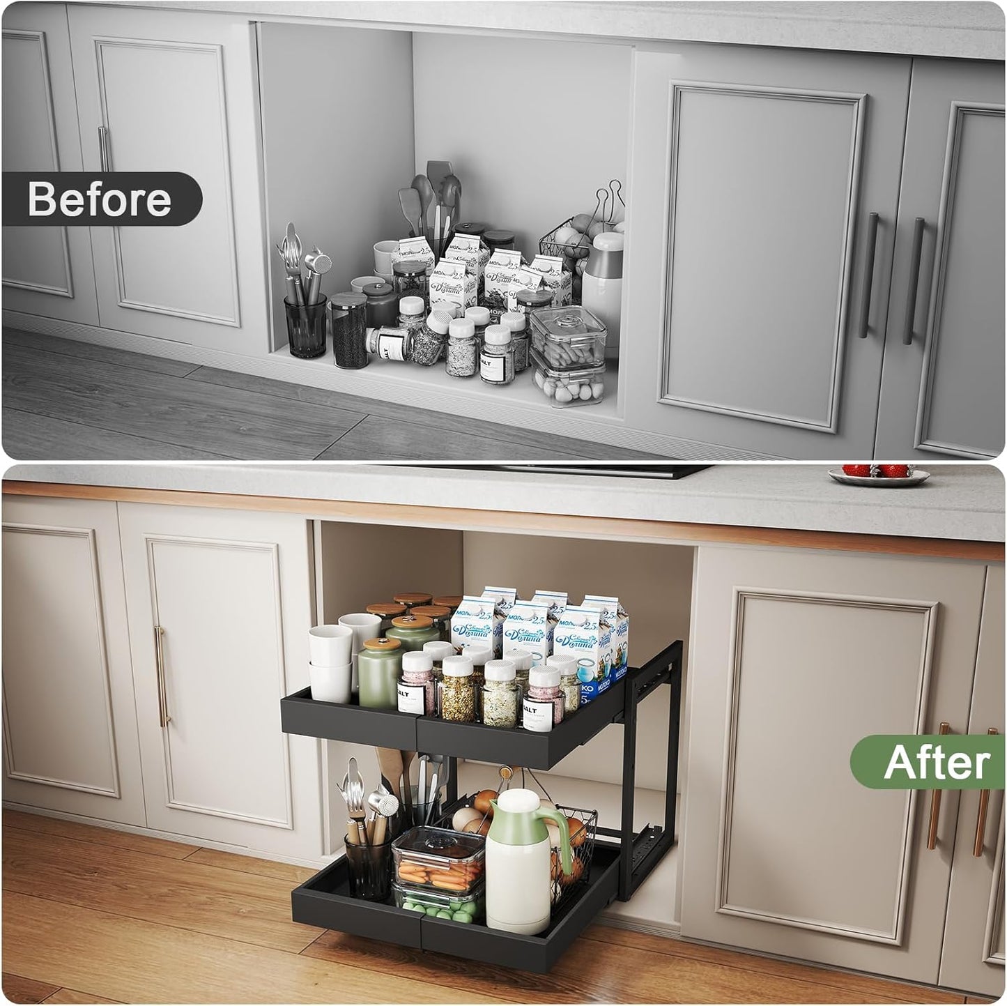 2 Tier Pull Out Cabinet Organizer ,Adjustable Width & Height,Expandable Pull-Out Drawers For Cabinets, Slide Out Shelves for Kitchen Cabinets / Countertop / Pantry,Heavy-Duty & Easy to Install(Black)