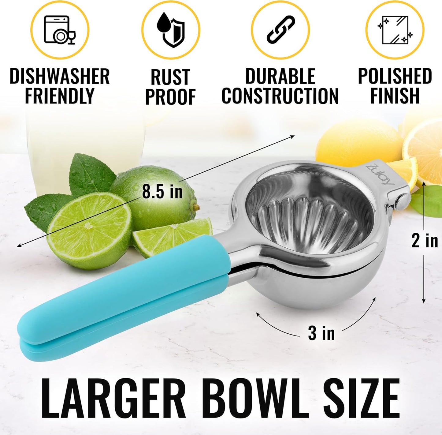 Zulay Lemon Squeezer Stainless Steel with Premium Heavy Duty Solid Metal Squeezer Bowl and Food Grade Silicone Handles - Large Manual Citrus Press Juicer and Lime Squeezer Stainless Steel (Blue)