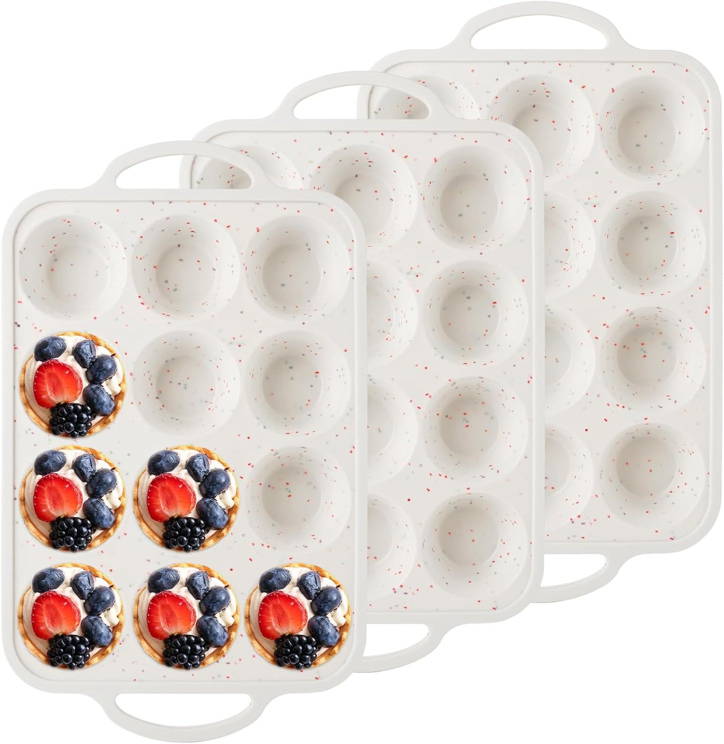 3 Pack Silicone Muffin Pans for Baking 12 Cup Mini Silicone Cupcake Pan with Metal Reinforced Frame, Nonstick Baking Cups BPA Free Siliconee Cupcake Molds for Oven Dishwasher Safe, Cream