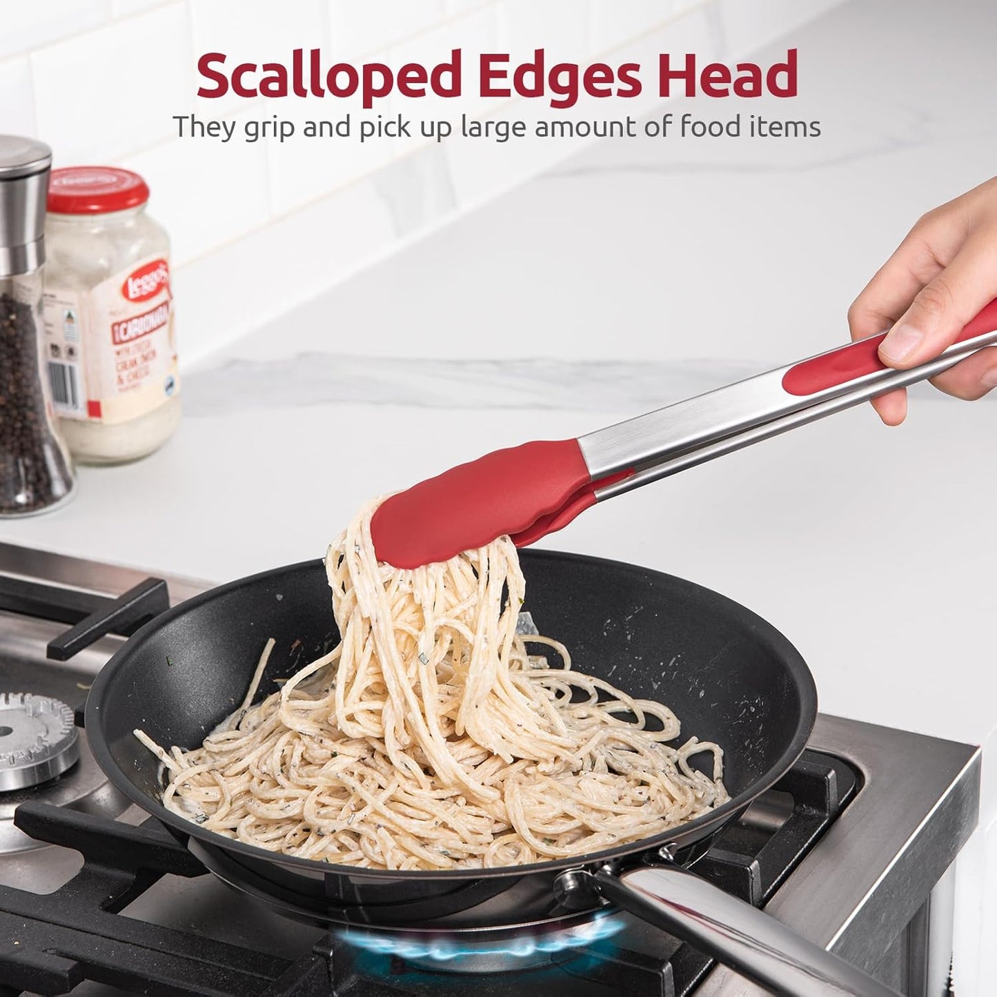 600ºF Heat Resistant Kitchen Tongs: U-Taste 9+12 inch Silicone Cooking Tong Set with Firm Sealed Non Stick Rubber Tips and Silicon Coated 18/8 Stainless Steel Handle for Serving Grilling Salad(Red)