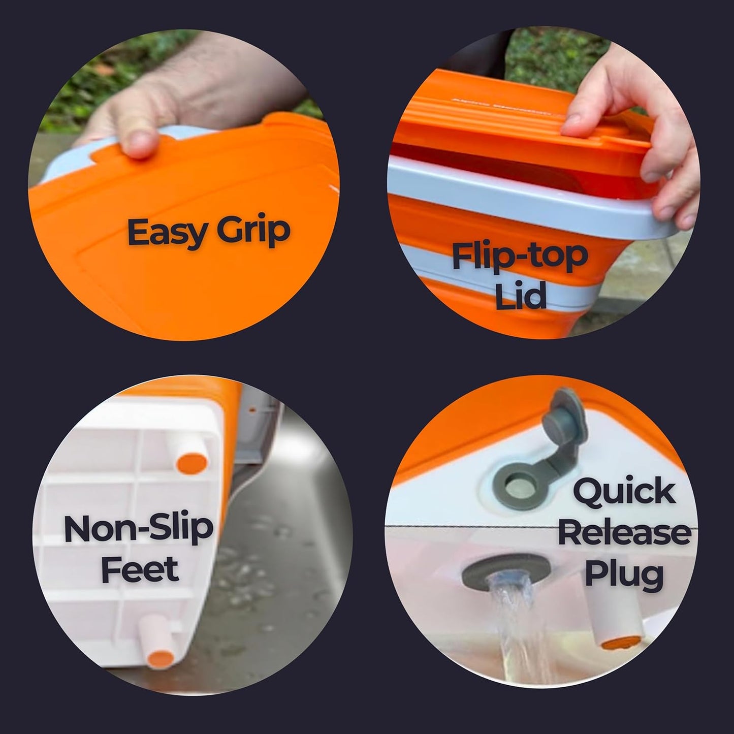 Collapsible Large (8L) BBQ Marinating Tub w/Cutting Board | Multipurpose Food-Grade TPE Prep Tub w/Lid | Built-in Colander & Drain Plug - for Camping | Tailgate | Picnic - Bold Orange