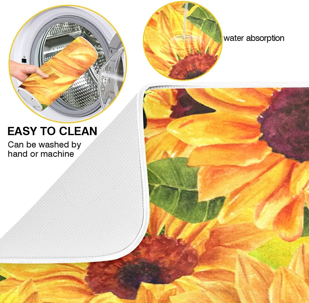 Super Absorbent Dish Drying Mat, Microfiber Fast-Drying Dish Mat, 24" x 18", Kitchen Dish Drying Pad, Sunflowers And Green Blue Butterflies