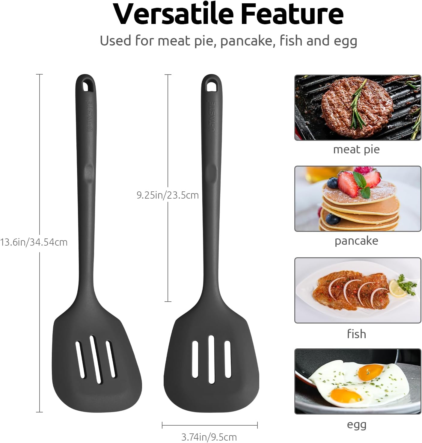 600ºF Heat Resistant Slotted Turner: U-Taste 13.6in Silicone Kitchen Spatula Flipper, 3.74in Wide Food Grade Flexible Thin Rubber Cooking Utensil for Egg, Pancake, Cookie in Nonstick Cookware (Black)