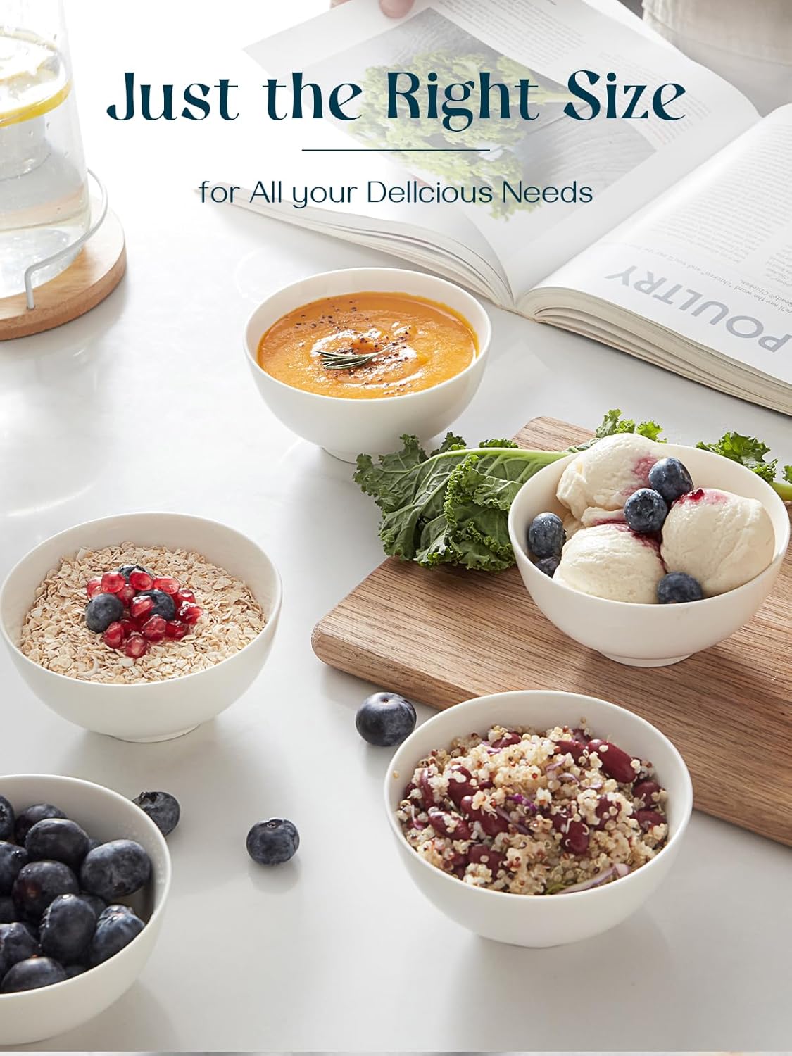 DOWAN 8.5 OZ Small Ceramic Bowls Set of 4 - White Bowls for Dessert, Dip, Side Dishes, Ice Cream, Fruit, Rice - Dishwasher & Microwave Safe