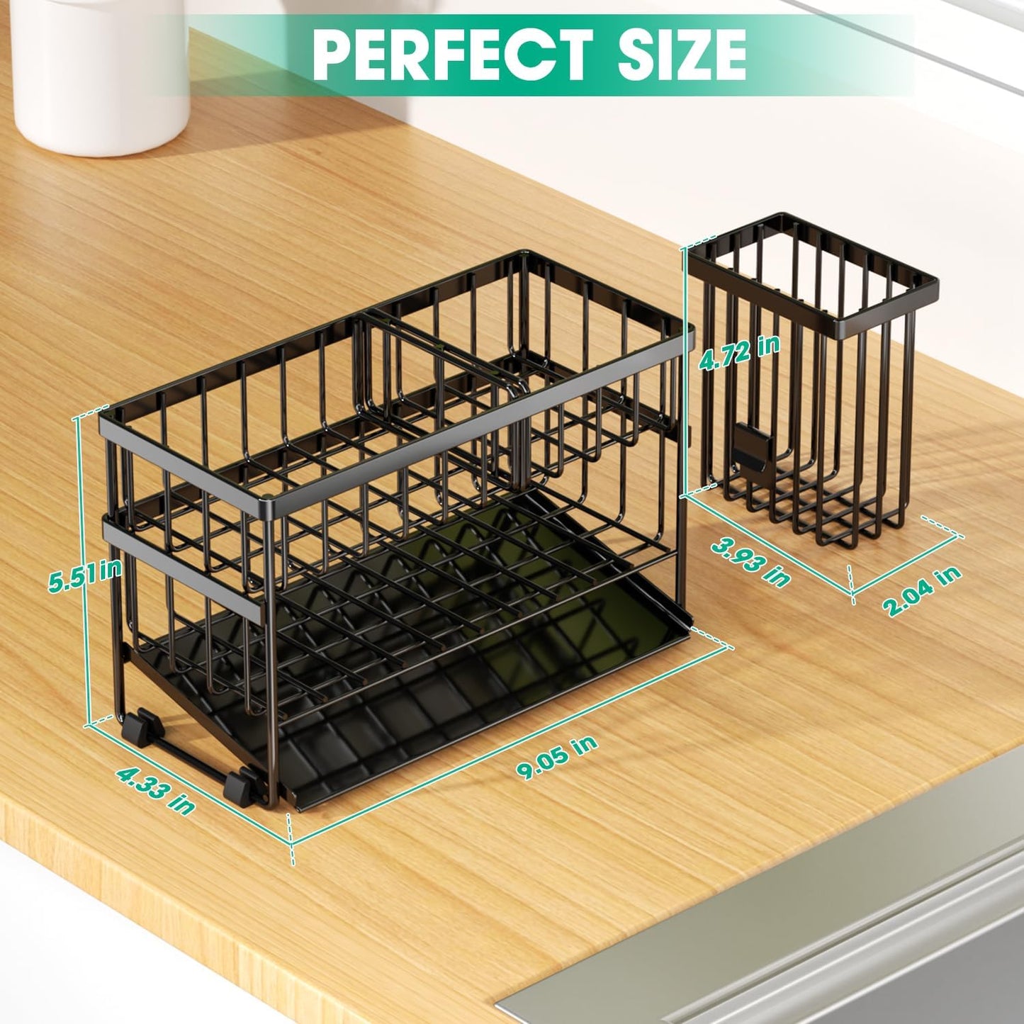 Sponge Holder for Kitchen Sink, 2 Tier Sink Caddy Organizer with High Brush Holder, Self-Draining Sponge Holder for Sinks, Soap Dispenser Organizer, Rustproof 304 Stainless Steel, Black