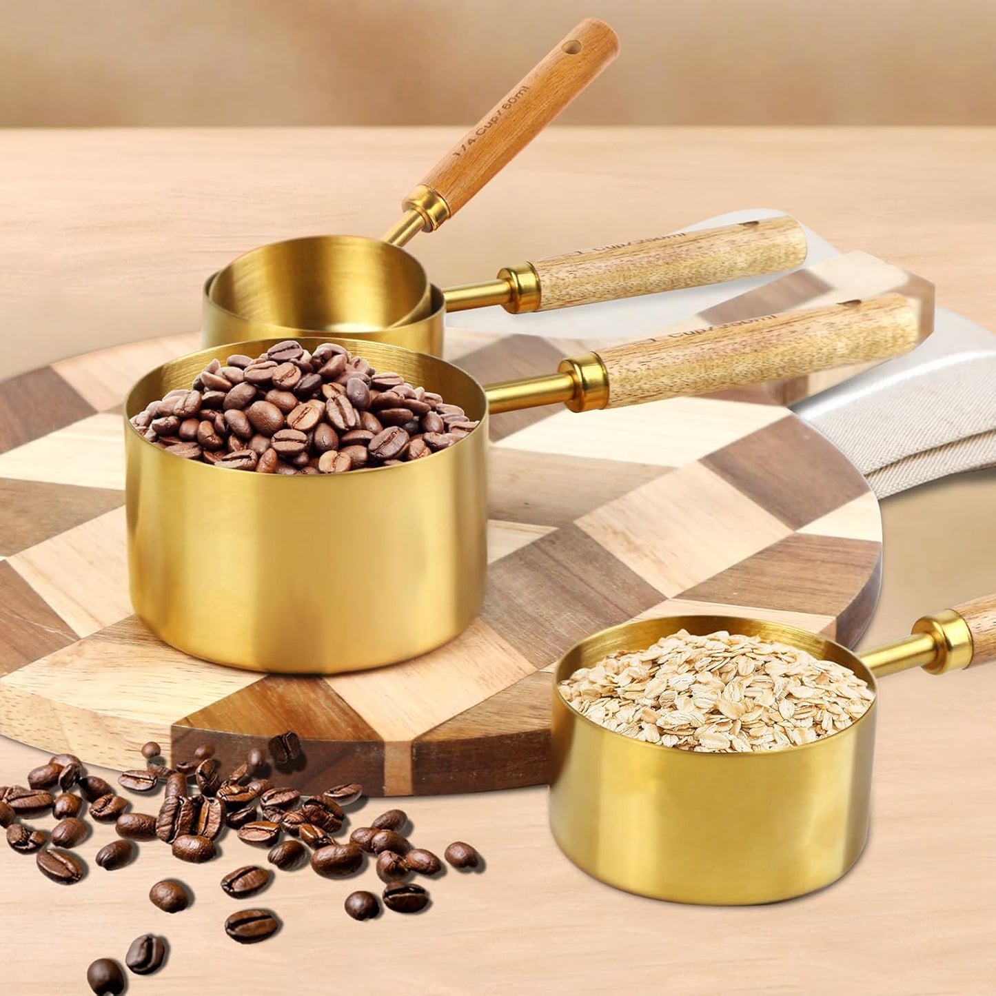 4 Piece gold measuring cups set，Golden Stainless Steel Measuring Cup and spoons set with Wooden Handle for Food/Liquid/Baking in the Kitchen