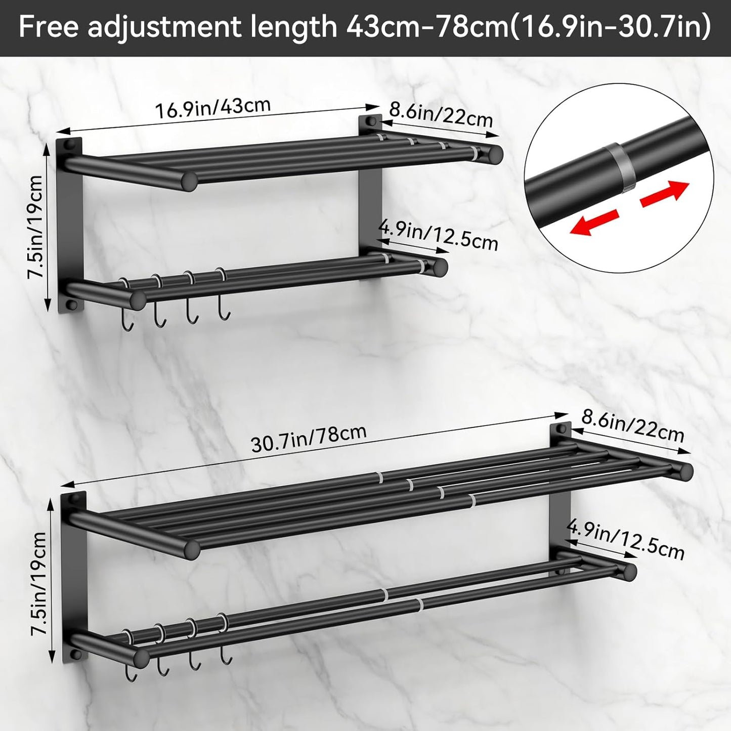 Adjustable Towel Bar for Bathroom Wall Mount17-30.7inch Adhesive Shower Towel Rack Stainless Steel Bath Towel Holders for Toilet Kitchen Double Towel Hanger (Black Mobile Hook Towel Rack)