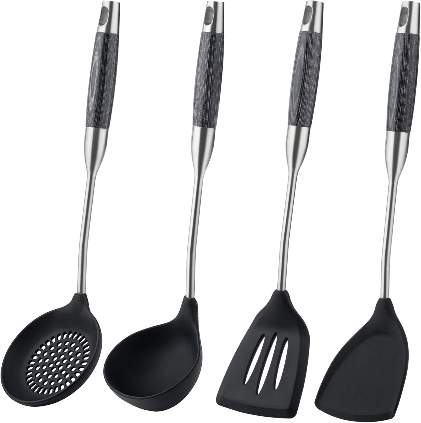 FJNATINH Silicone Wok Spatula,Turner,Ladle,Skimmer,Stainless Steel Wok Tools,Wok Utensil,Non Stick Heat-Resistant Cooking Utensils BPA Free Kitchen Utensils Cookware (Black Stainless Steel-4PCS)