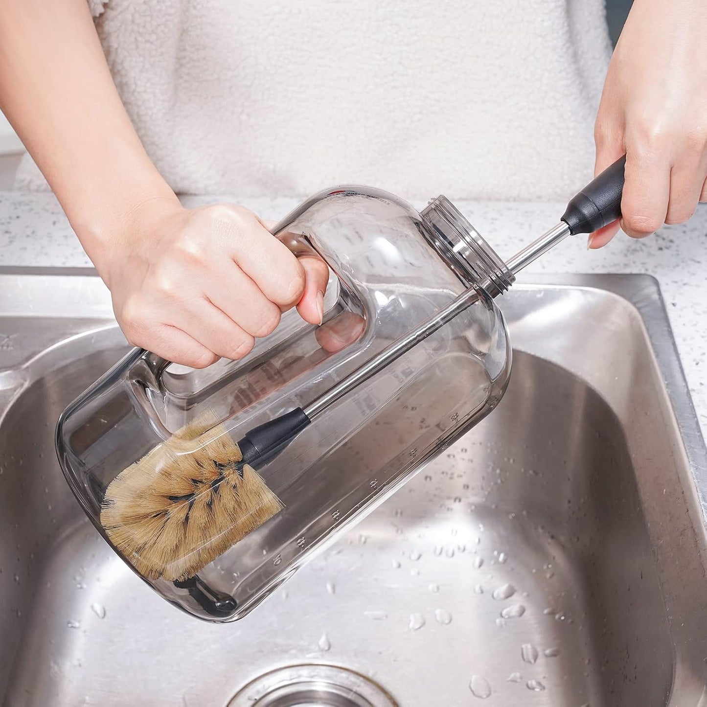 Water Bottle Cleaning Brush with 2 Replaceable Heads, Compatible with Sport Bottles, Tumblers, Mugs, Wine Decanters, Glassware, Round, 1 Pack (13 in)