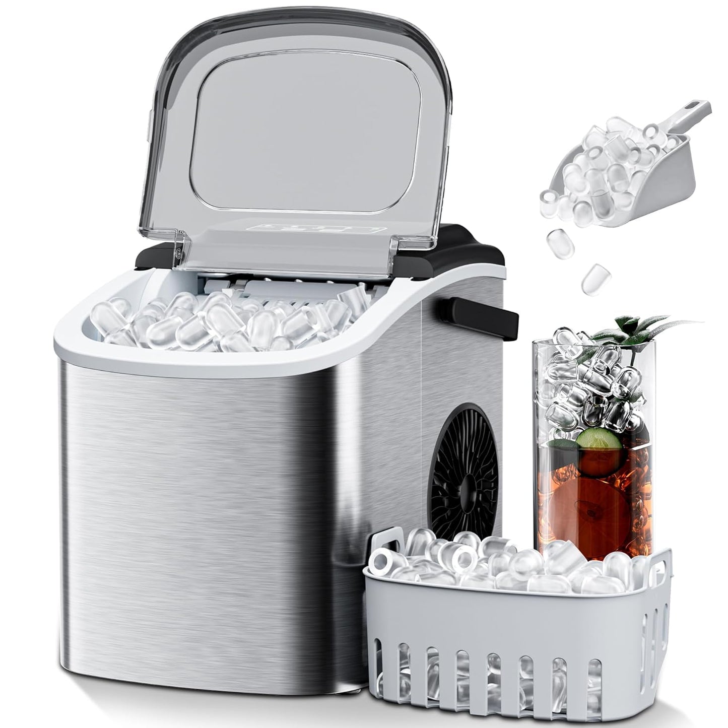 Countertop Ice Maker 26lbs/24H Portable Ice Machine with 2 Sizes of Ice Cubes, 9 Ice Cubes in 8 Mins, Stainless Steel Design Ice Scoop & Basket Included Self-Cleaning for Home, Kitchen, Bar, RV
