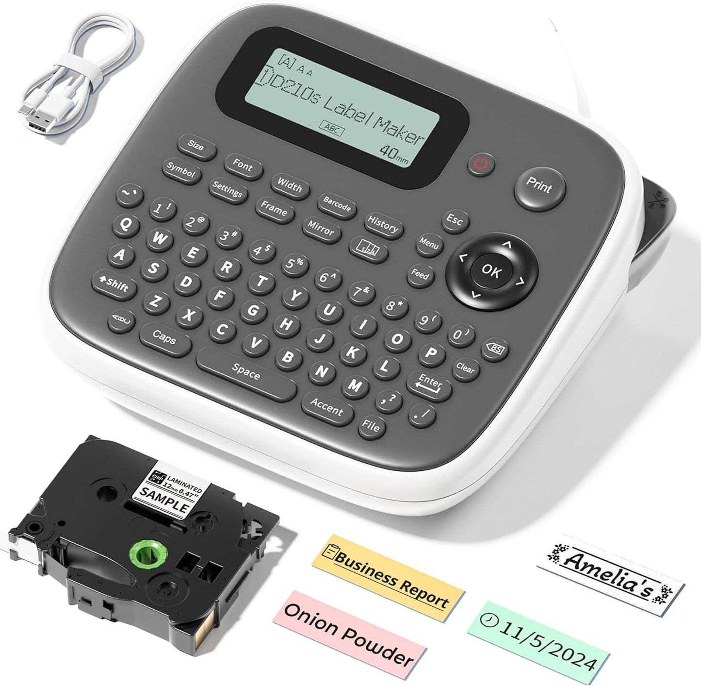 Label Maker Machine with Tapes, Label Makers, Label Maker Waterproof-Labels, Labeler Machine with-Tape 12mm 0.47 Laminated White, D210s Inkless Portable Labeling Machine for Home School Office