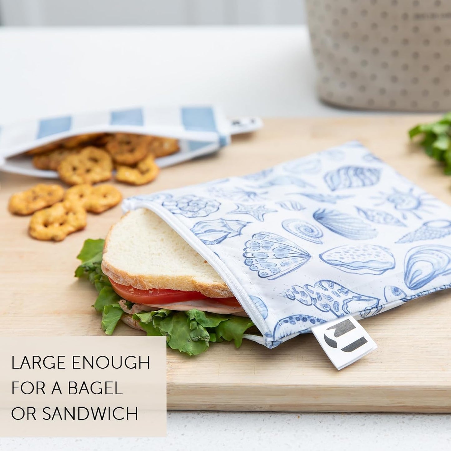 Roamio Reusable Sandwich and Snack Bags, for Kids School Lunch and for Adults Portion, Washable Fabric, Waterproof Cloth Zip Bag, Travel Pouch, Food-Safe, 4-pack Set Nautical Stripe and Blue Shells