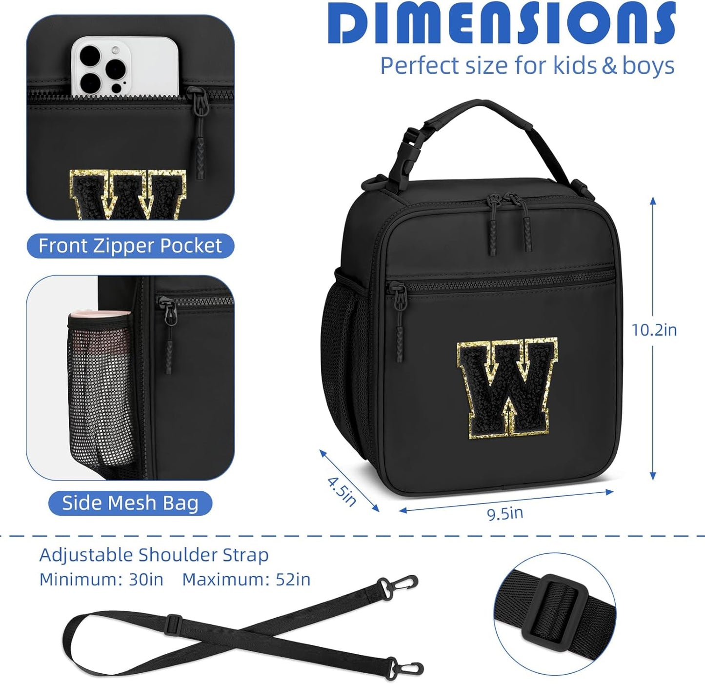 Initial Insulated Lunch Bag for Boys Kids, Back to School Gift, Reusable Leak-proof Lunch Box with Adjustable Strap for School Daycare Travel Picnic（Black，W）