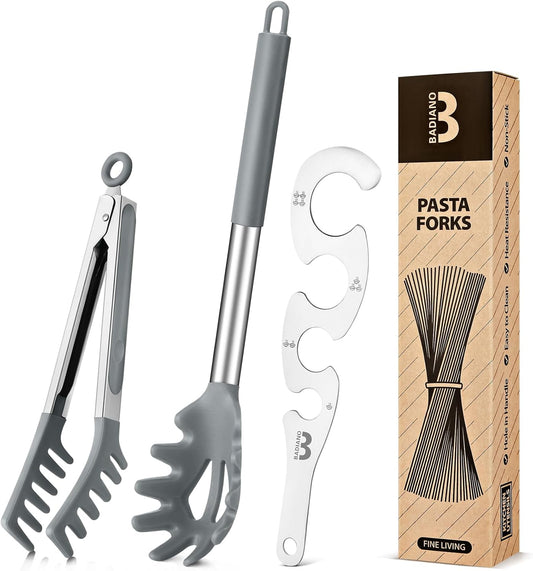 Silicone Spaghetti Spoon & Pasta Tong With Pasta Measurer, 3 Pack of Non-Stick Stainless Steel Handle Pasta Fork Set with Teeth, Food Clip for Easy Serving of Noodles (GREY)