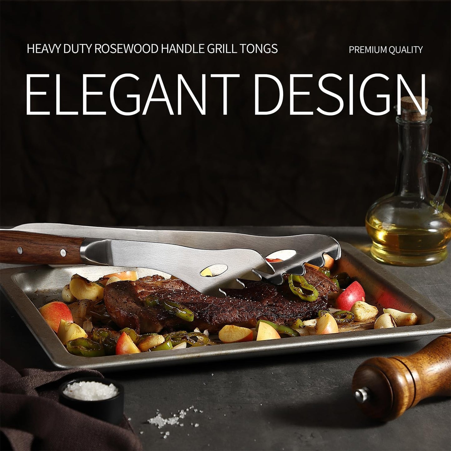 GRILLGEN Heavy Duty Rosewood Handle BBQ Grill Tongs, 16.73" Long Premium BBQ Grill Tongs for Outdoor Grilling, Essential Accessory for Barbecue & Grill, Best Grilling Gift