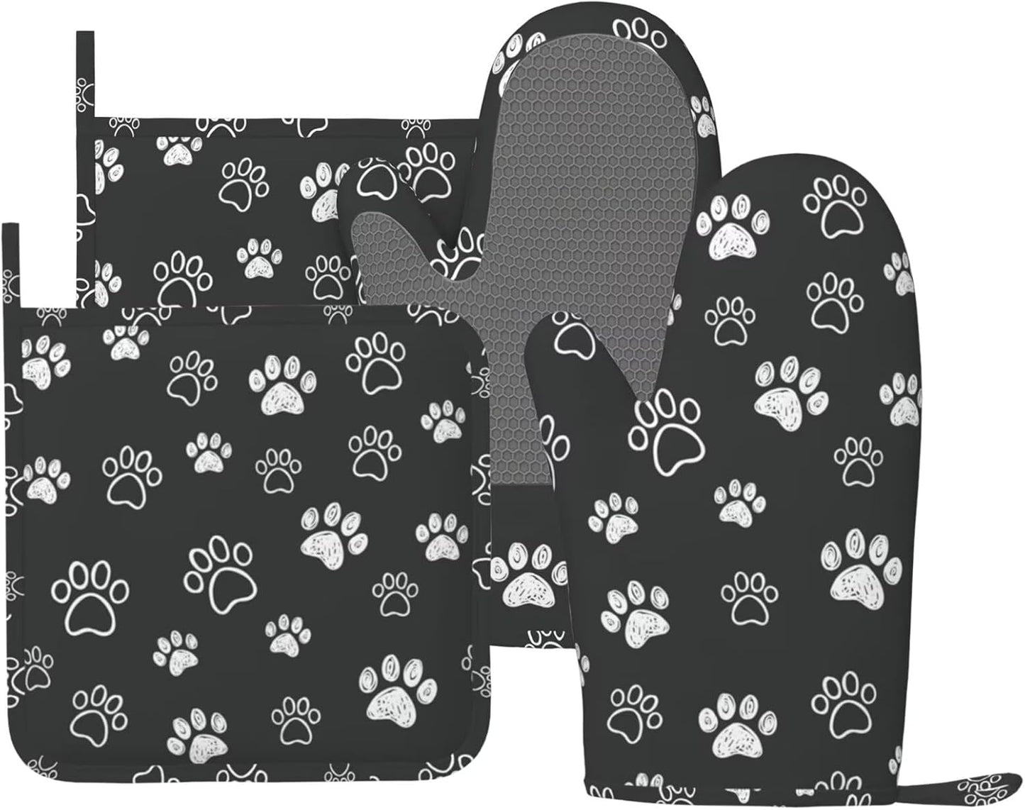 Dog Paw Print Oven Mitts and Pot Holders Set of 4 Silicone Black White Dog Paw Print Kitchen Mitten Gloves and Non-Slip Potholders Set Heat Resistant Oven Gloves Hot Holders for Kitchen
