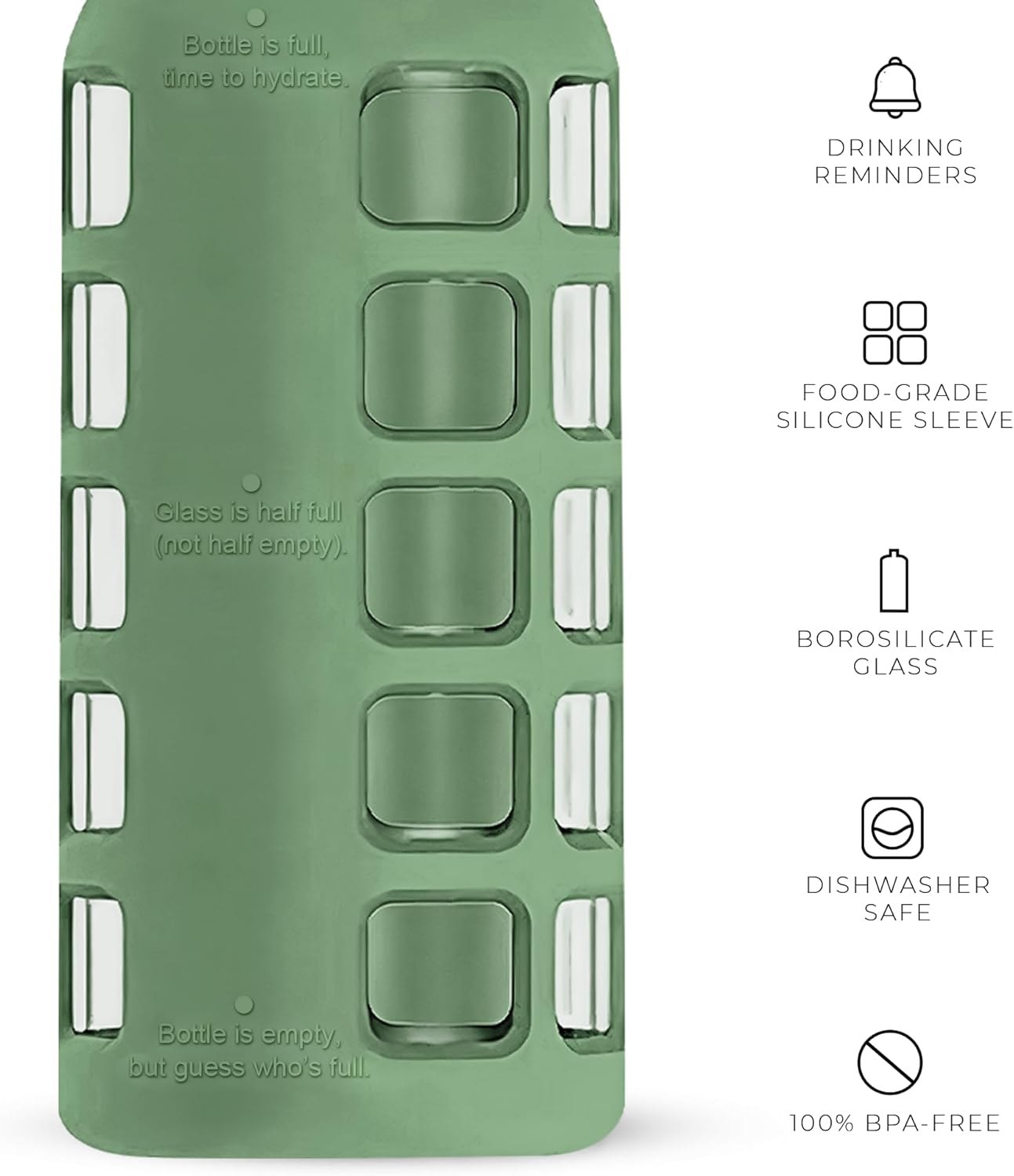 purifyou 40oz / 32oz / 22oz / 12oz Borosilicate Glass Water Bottle with Time & Volume Markers, Silicone Sleeve, Stainless Steel Lid – Reusable Glass Bottle for Water & Juice (22oz Shale Green)