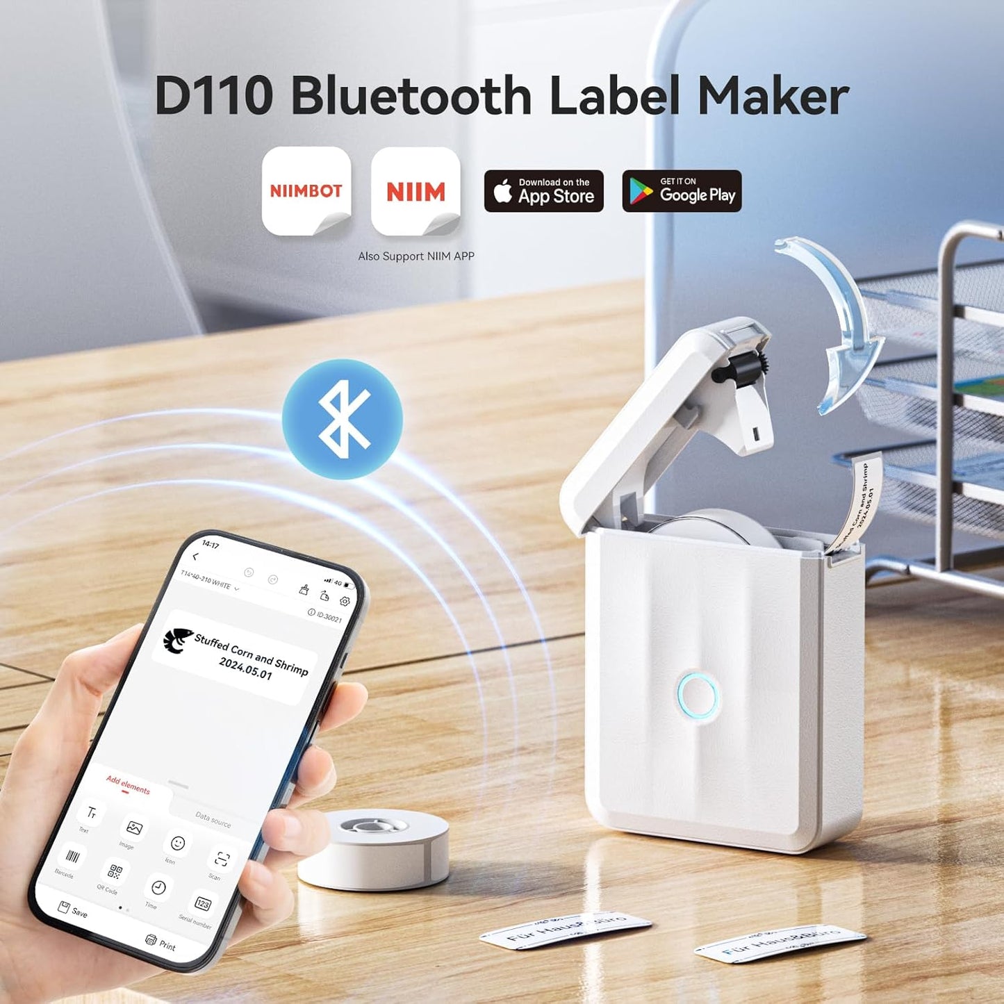 NIIMBOT D110 New Version Label Maker Machine with Tape, Handheld Bluetooth Label Printer, Mini Thermal Printer, Sticker Maker for Organizing Home Kitchen School,White