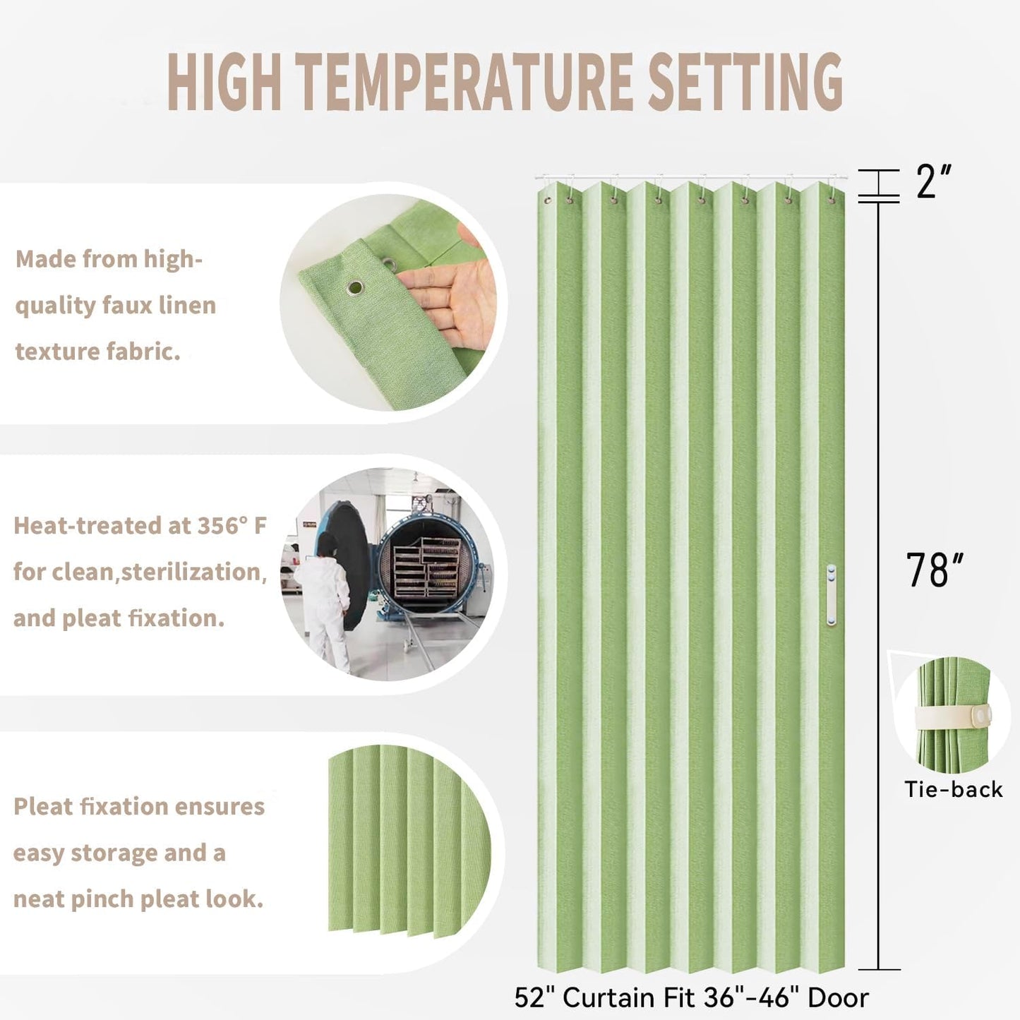 Vatge Curtain for Closet Without Door - Accordion Folding Door Curtain for Doorway, and Open Closet, Hanging Privacy Curtain Wall for Room Separation,1 Panel with Tieback, W52 x L78, Green