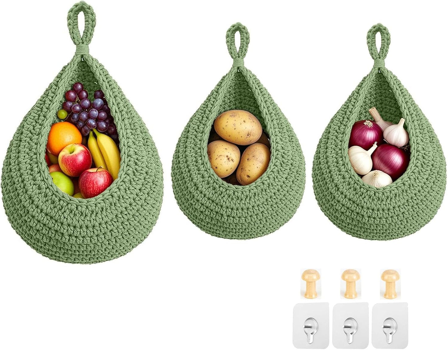 Hanging Fruit Baskets for Kitchen, 3 Pack Boho Cotton Rope Handwoven Vegetable Storage Wall Mounted Large Organizing Basket for Farmhouse Decor, Onion, Potato, Garlic and Plants (Green)