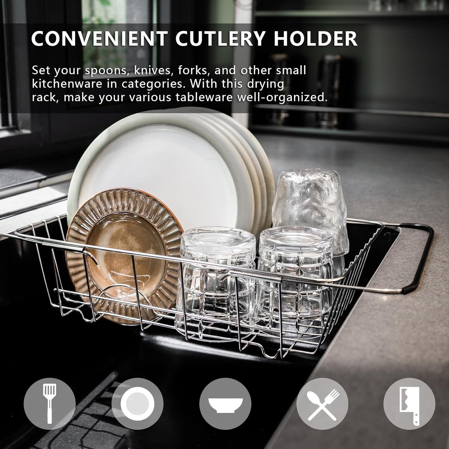 Over The Sink Dish Drainer Drying Rack - Expandable Stainless Steel in Sink Dish Drying Rack, High-Capacity, Rustproof, Easy Install, with Utensil Holder - Dish Racks for Kitchen Counter