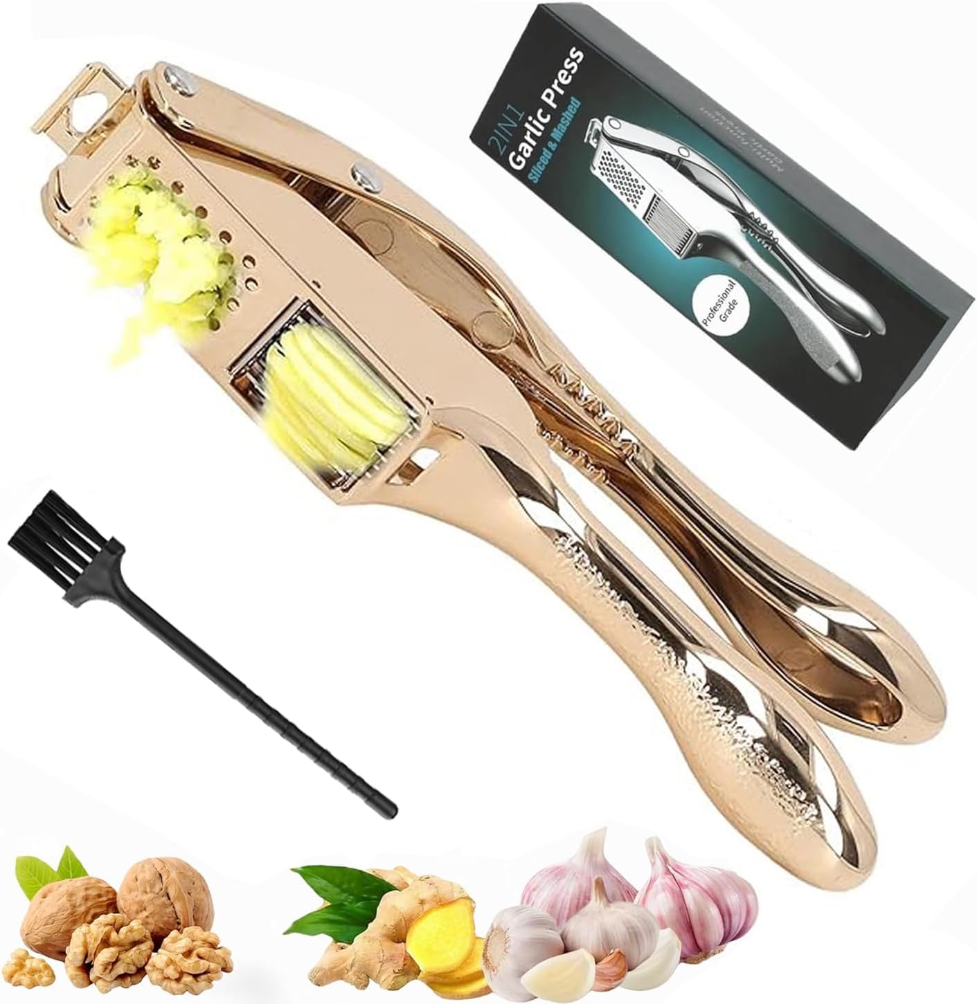 Garlic Press and Slicer 2 in 1, Rust Proof & Dishwasher Safe Professional Garlic Mincer Tool, Effortlessly Crush and Mince Garlic with this Ergonomic Handle-Garlic Peeler & Brush ANCQMI(Gold)