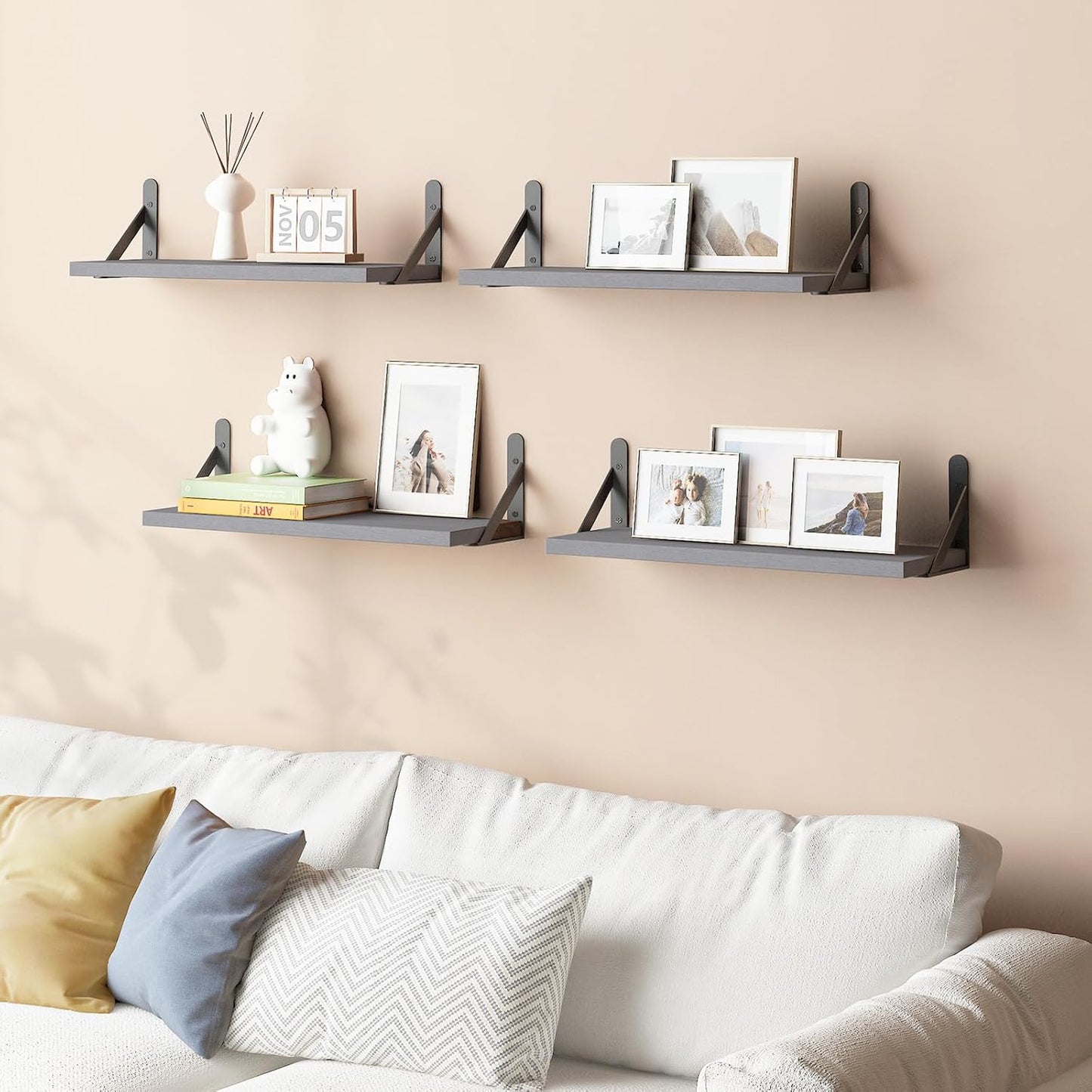 YGEOMER 16.5 Inch Floating Shelves for Wall, Farmhouse Wall Shelves for Bedroom, Bathroom Storage, Living Room and Kitchen Decor (Set of 6 Grey)