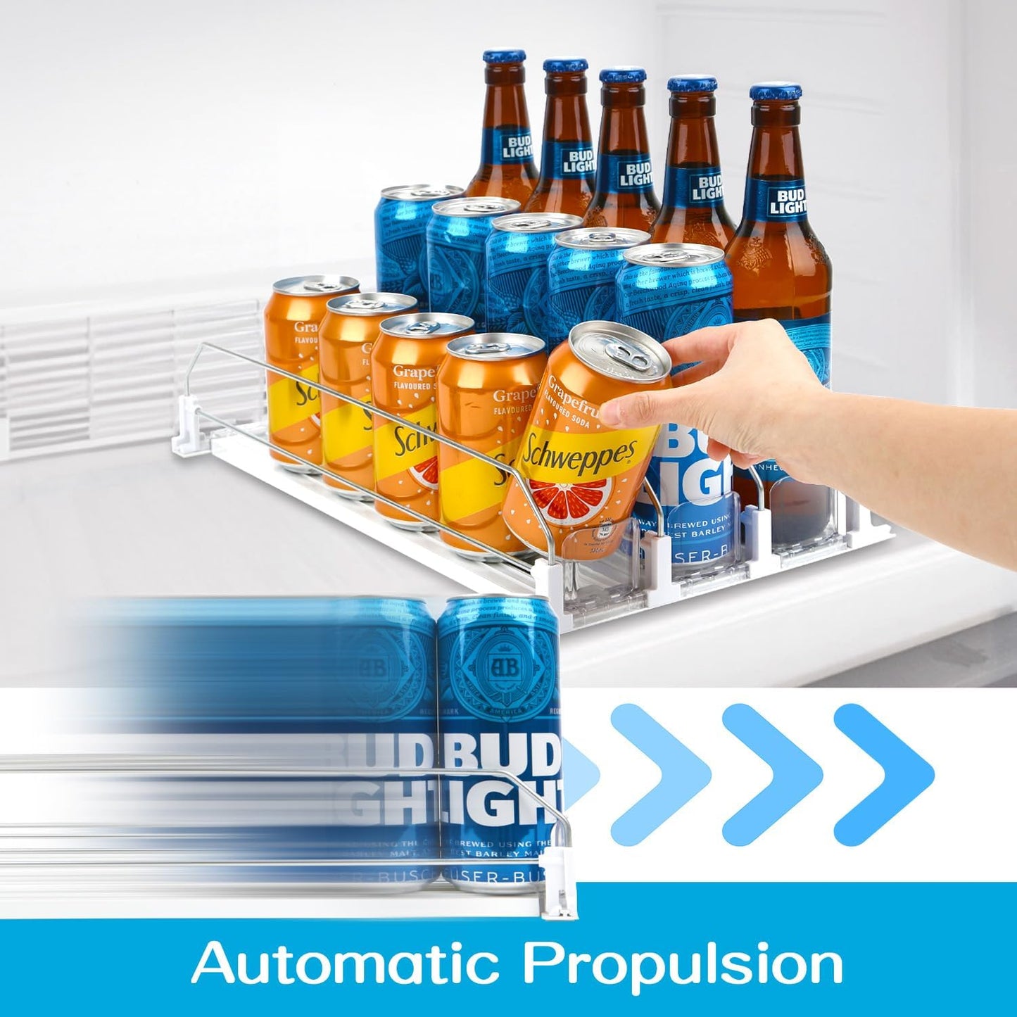 Soda Can Dispenser for Refrigerator, 3 Row Self-Pushing Rack, Fits up to 15 Cans, Width Adjustable Beverage Storage Rack, 15inch White