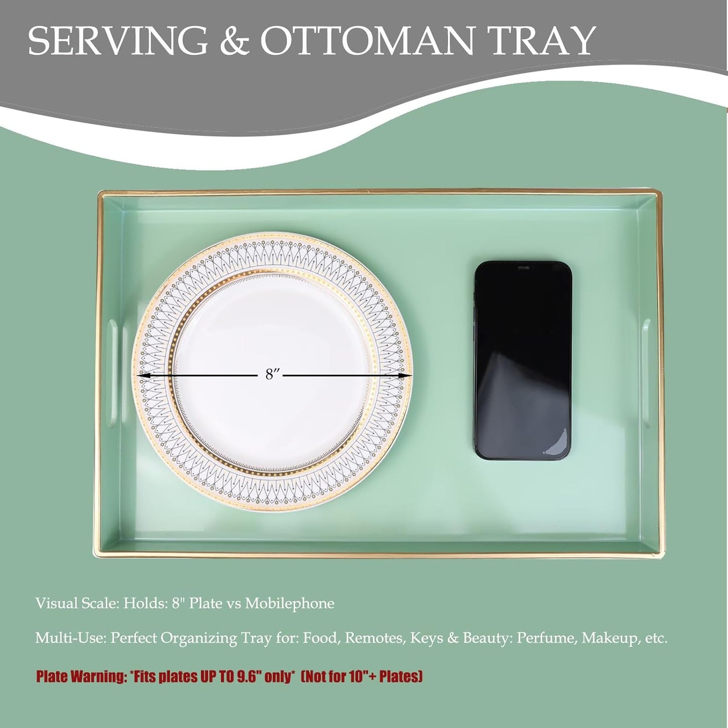 Spsyrine Green Decorative Serving Tray with Handles, Elegant Plastic Coffee Table Tray for Ottoman, Living Room, Home Decor 15.6" X 10.2"