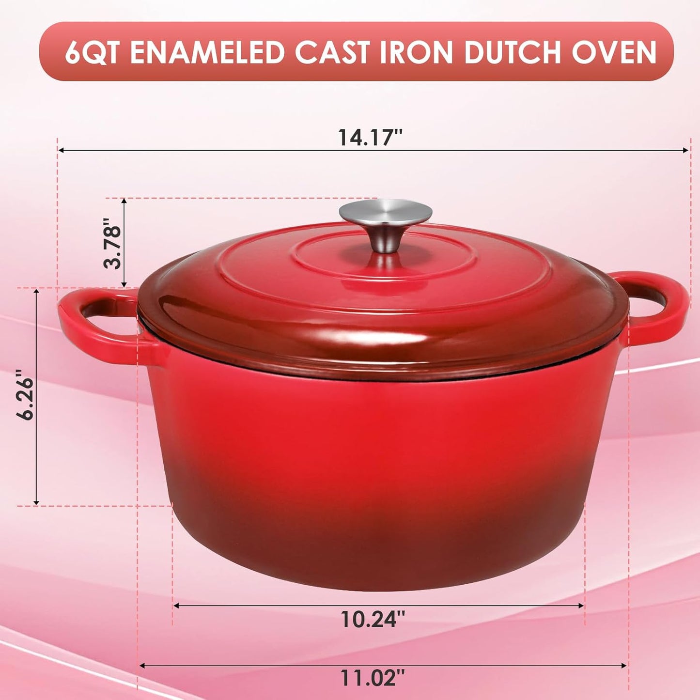 LIFERUN 6 Qt Enameled Cast Iron Dutch Oven Pot with Lid，Oven Safe up to 500° F, Non-Stick Dutch Oven with Dual Handles for Bread Baking, Fry Foods, Braising, Stews, Roasting (Red)