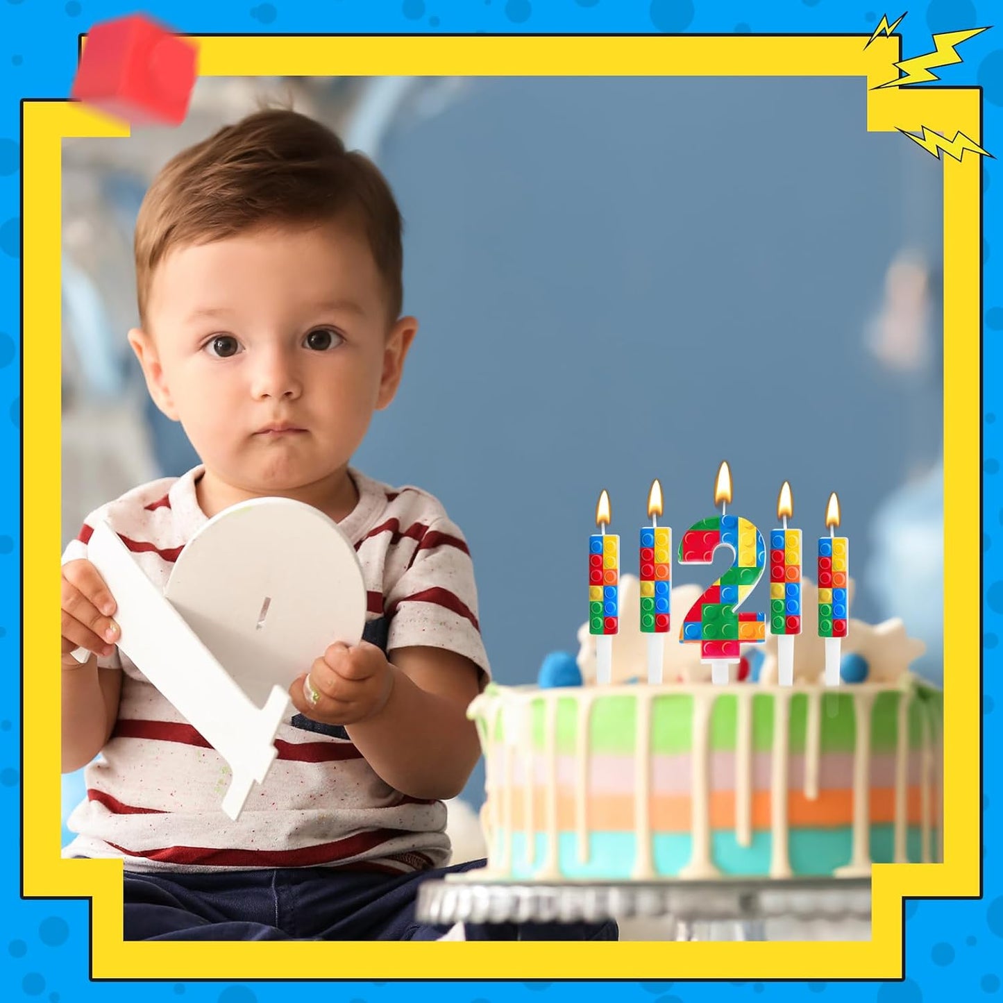 AXBMM 7 Pcs Building Block Themed Birthday Candles Set Building Blocks Number 2 Candle Cake Topper for Building Block Party Decoration Supplies (Number 2)