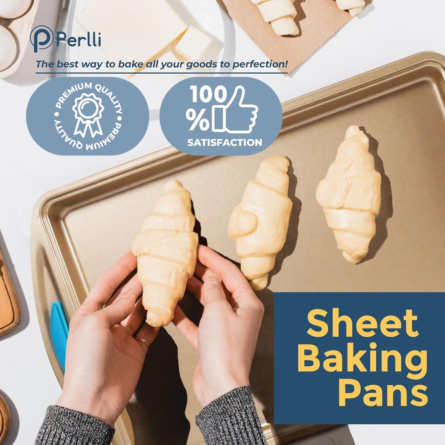 Perlli Cookie Sheet Baking Pan 2 Piece Set, 9x13" Gold Nonstick Trays with Blue Silicone Hand Grips Oven Bakeware Pans Set, Premium Quality Carbon Steel Baking Tray Sheets