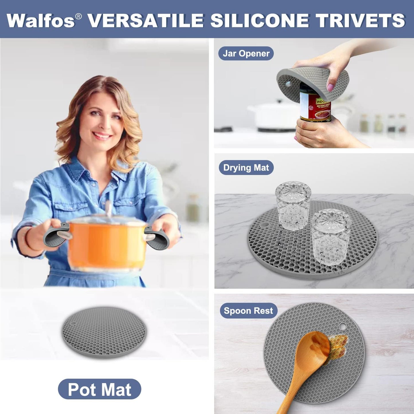 Silicone Trivet Mats - Walfos Heat Resistant Pot Holders Set, 4pcs 2 Sizes 7 Inch & 9 Inch, Multipurpose Non-Slip Hot Pads for Hot Pot, Hot Dishers, Jar Opener, Food Grade & BPA Free (Nordic Grey)