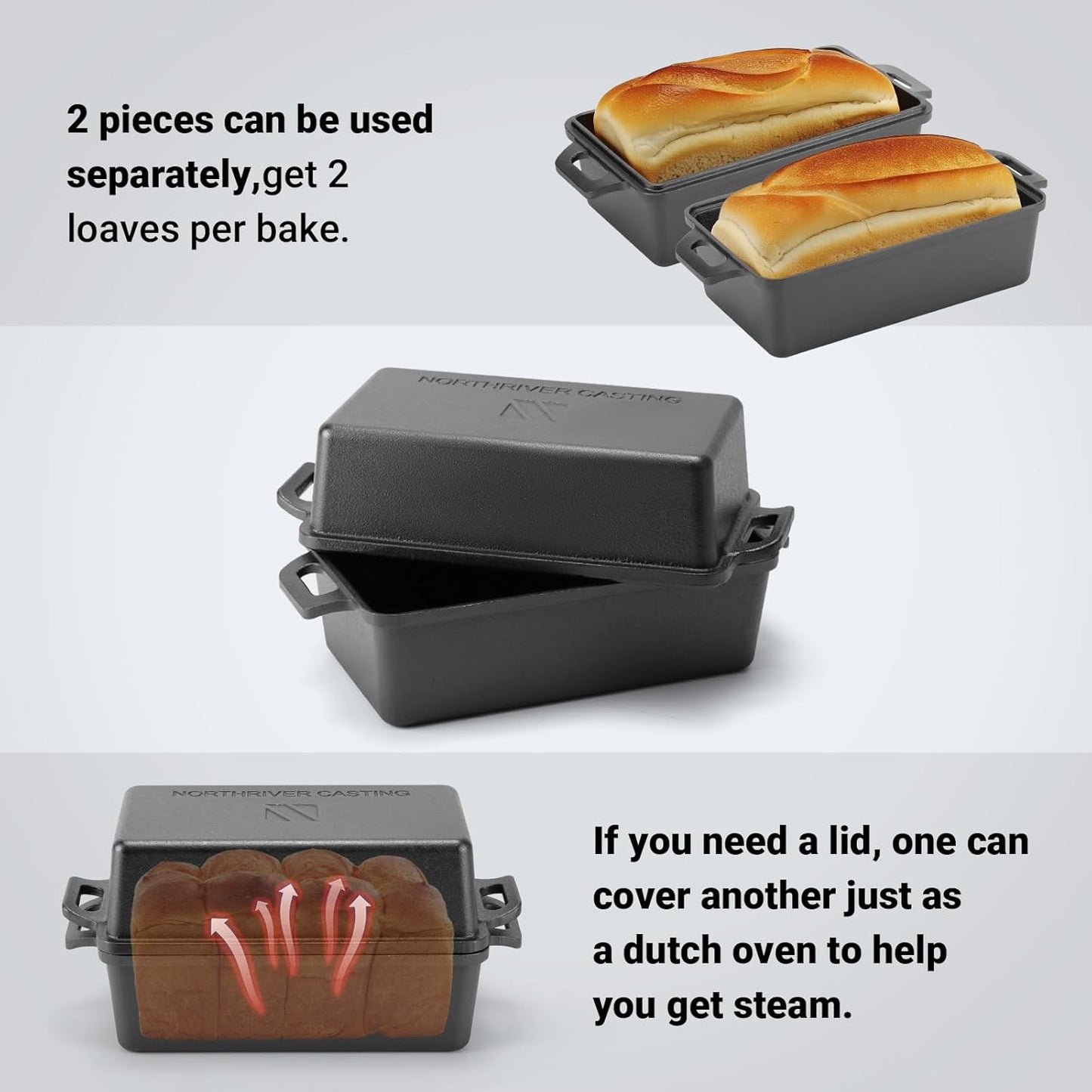 9×5 Inch Cast Iron Loaf Pan with Lid | Bread Baking Pans | Even Heat Distribution for Homemade Bread, Cake, Meatloaf, 2 Piece Set