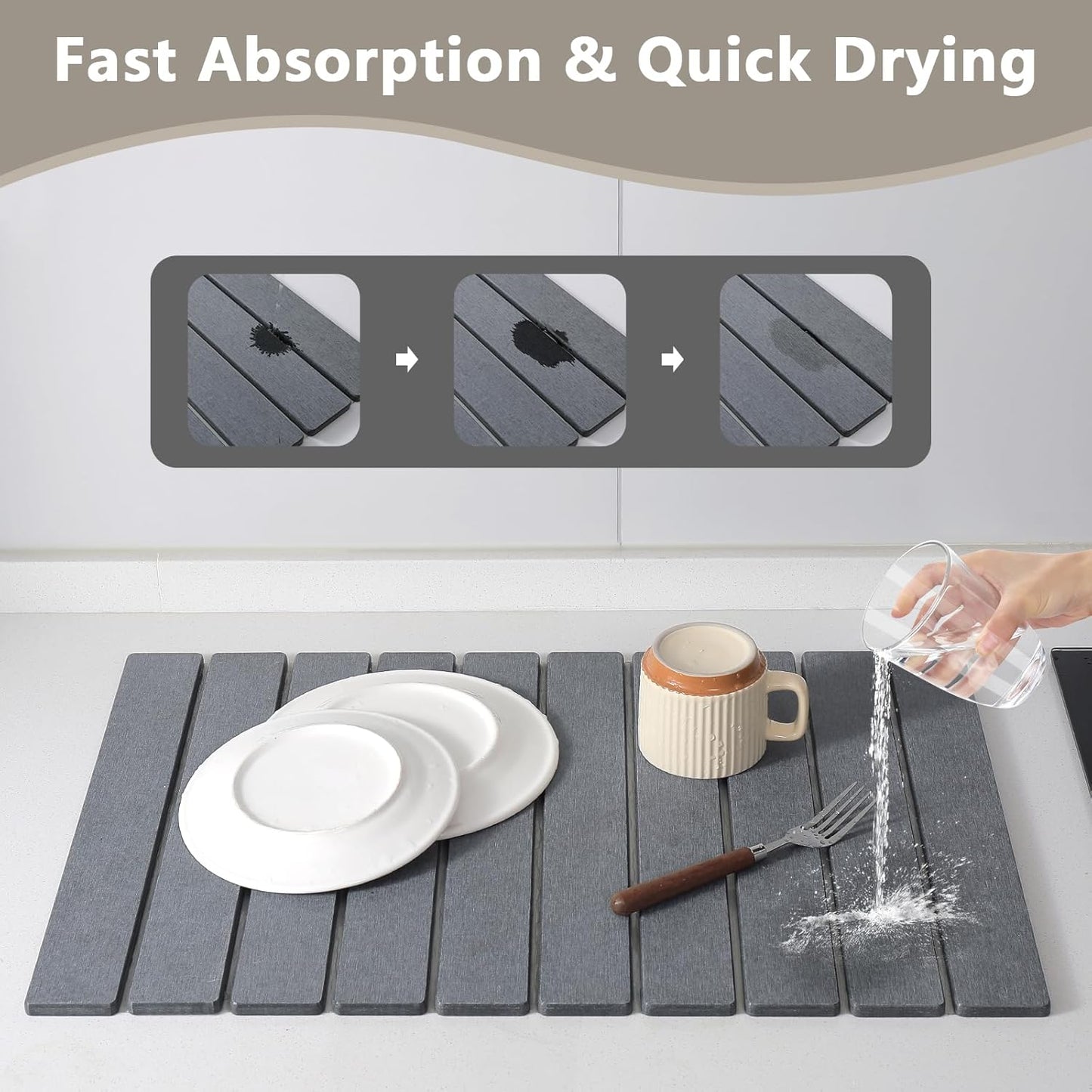 Large Stone Drying Mat for Kitchen Counter, 24''L x 16''W Diatomaceous Earth Collapsible Dish Drying Mat, Quick Drying Mat for Dishes, Bottles and Cups, Matches Any Countertop (Dark Gray)